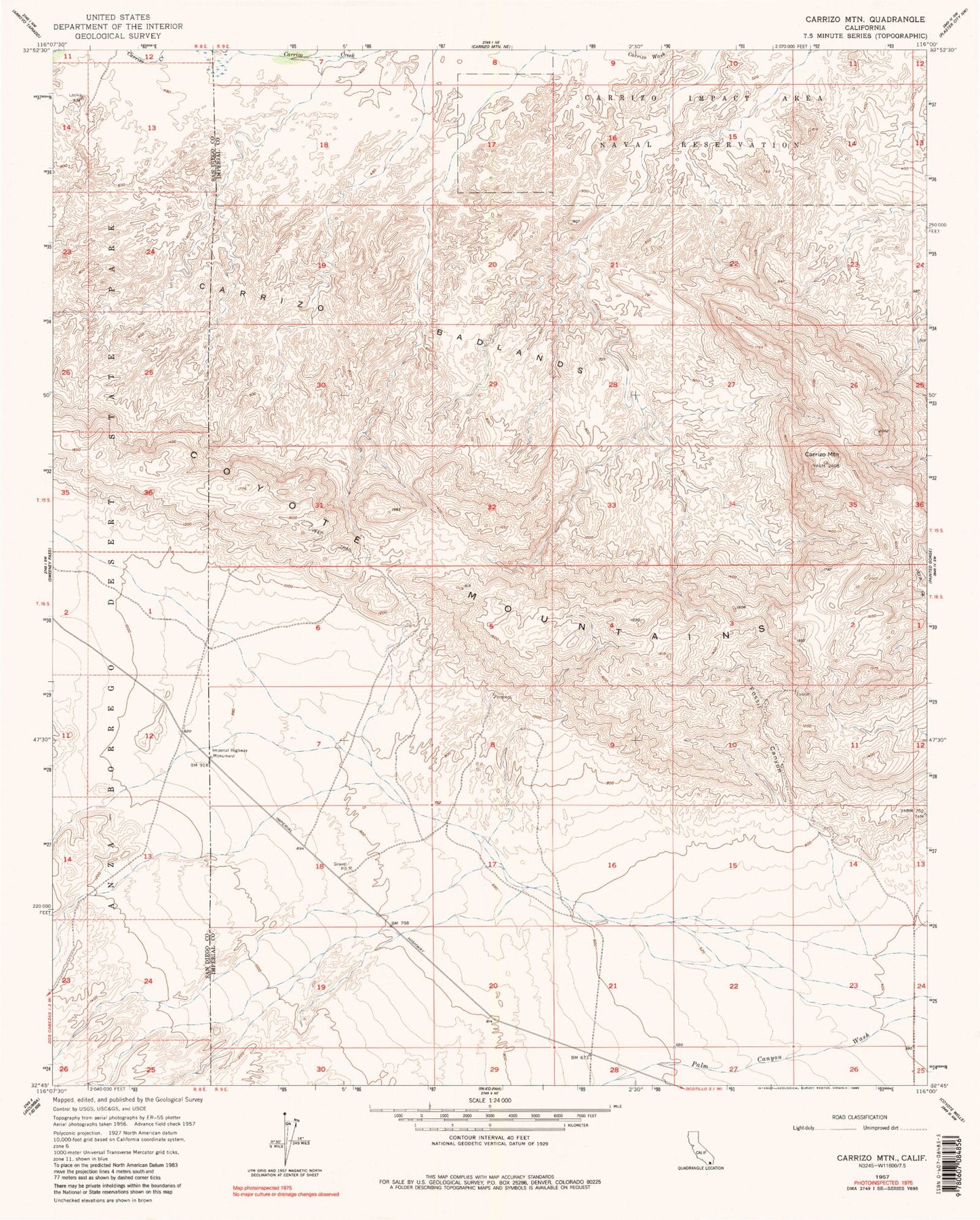 Classic USGS Carrizo Mountain California 7.5'x7.5' Topo Map Image