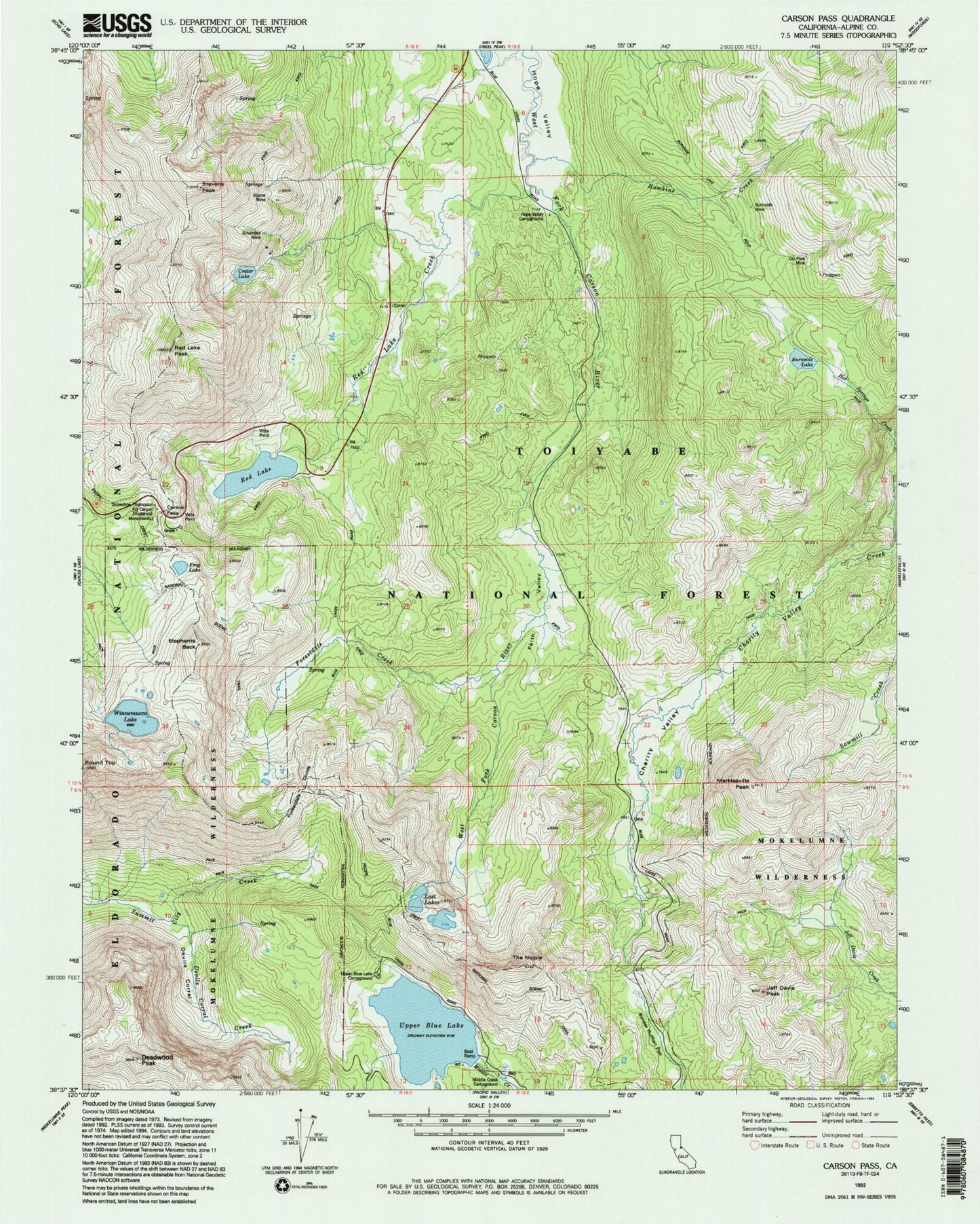 USGS Classic Carson Pass California 7.5'x7.5' Topo Map Image
