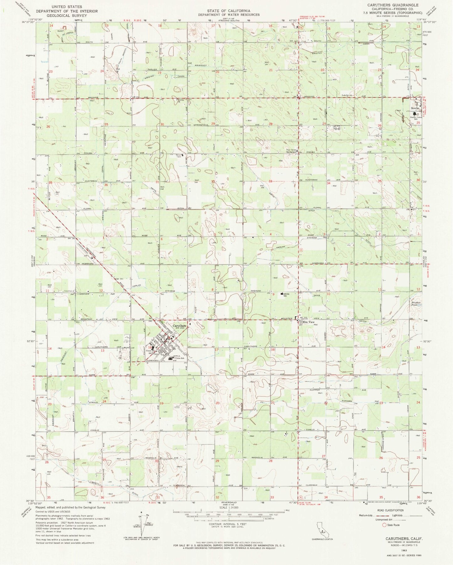 Classic USGS Caruthers California 7.5'x7.5' Topo Map Image