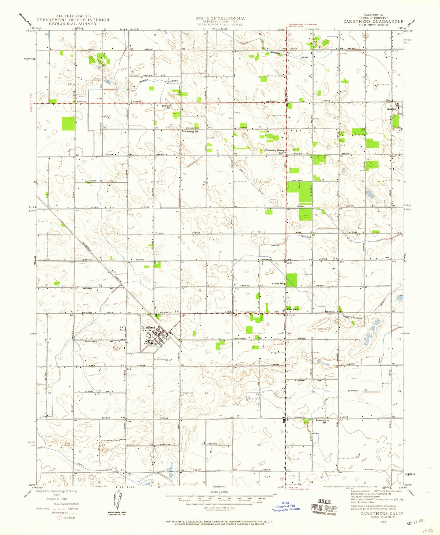 Classic USGS Caruthers California 7.5'x7.5' Topo Map Image