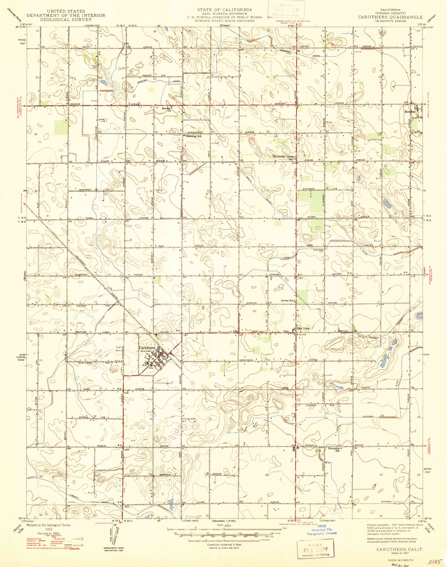 Classic USGS Caruthers California 7.5'x7.5' Topo Map Image