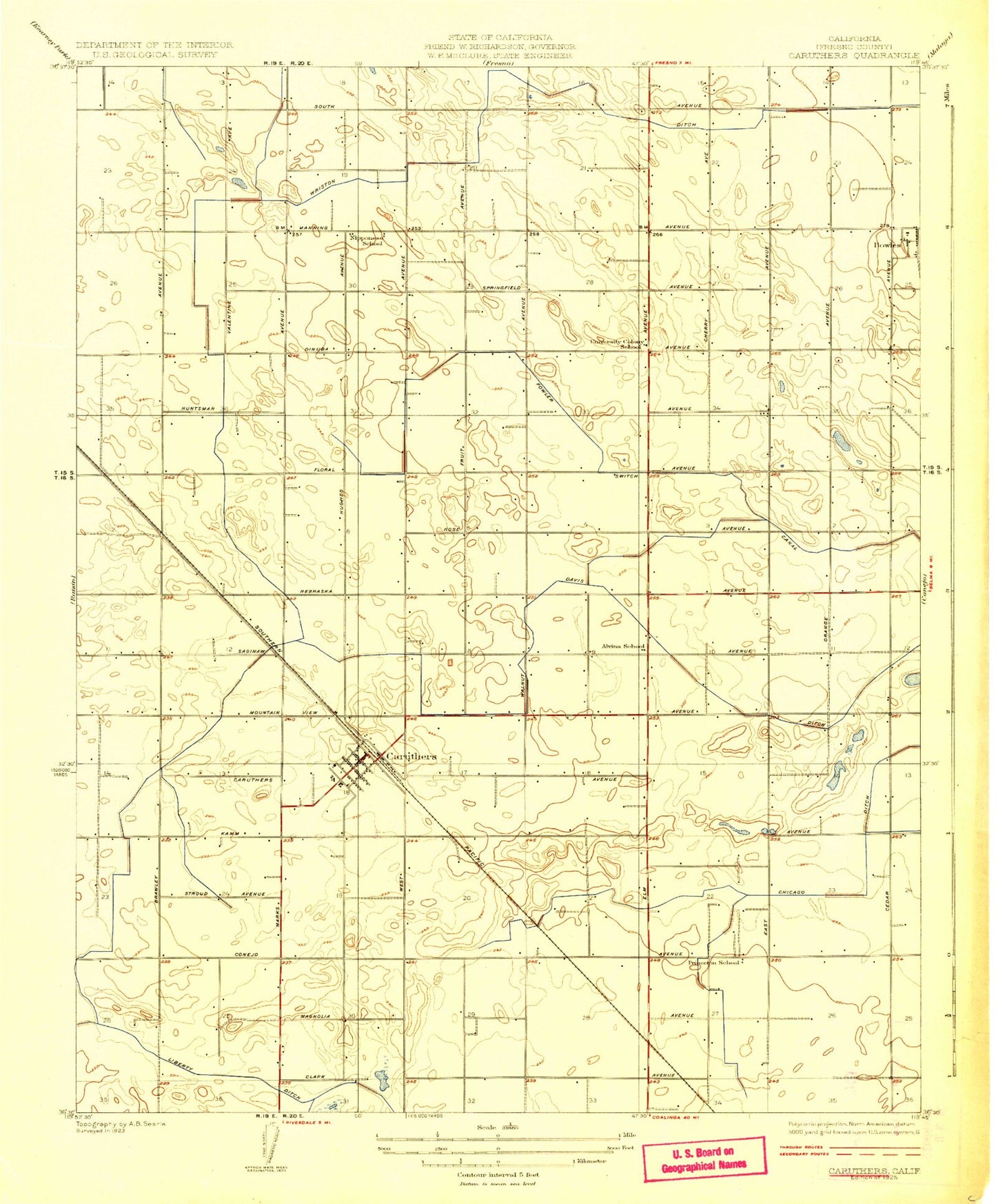 Classic USGS Caruthers California 7.5'x7.5' Topo Map Image