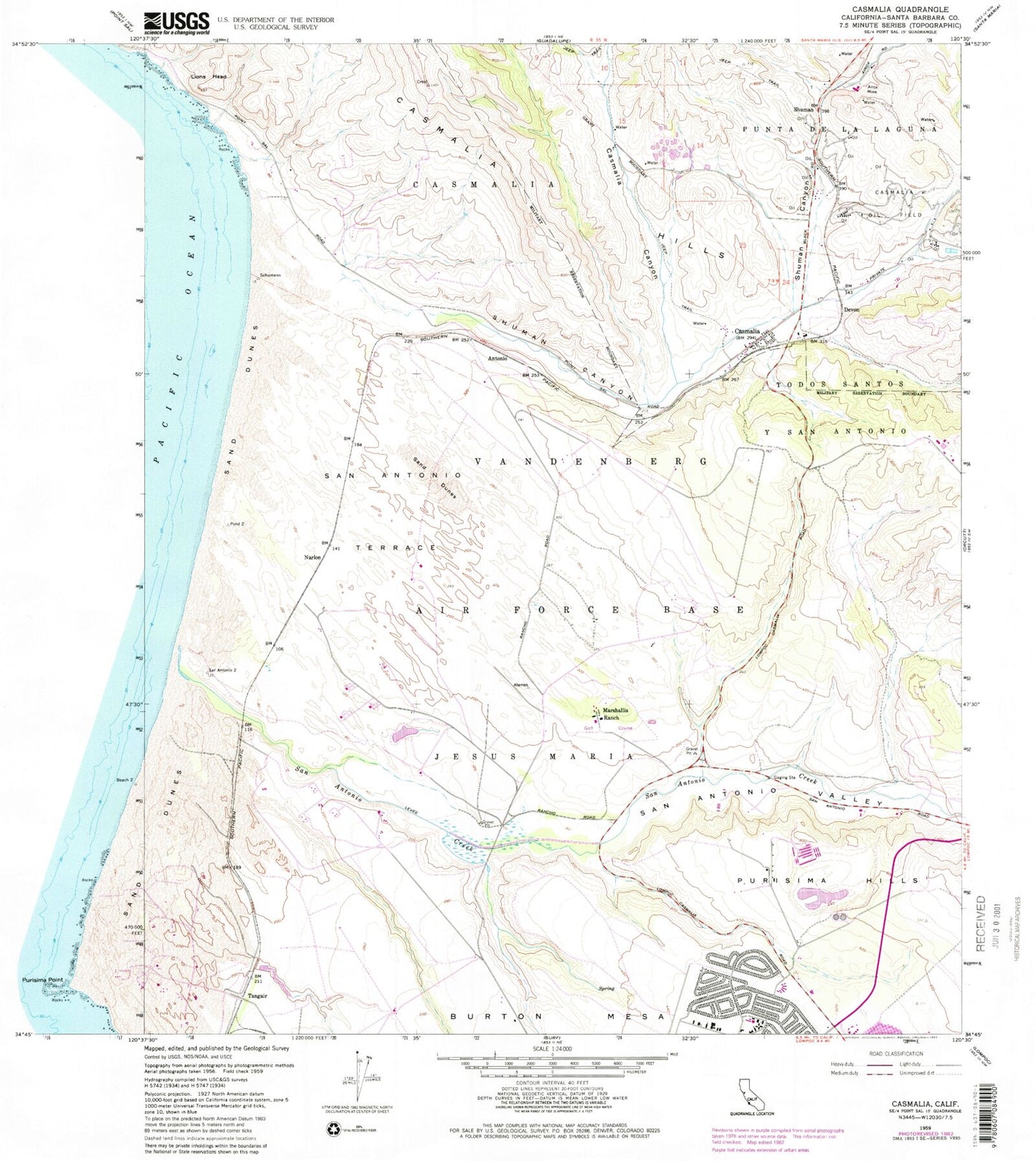 Classic USGS Casmalia California 7.5'x7.5' Topo Map Image