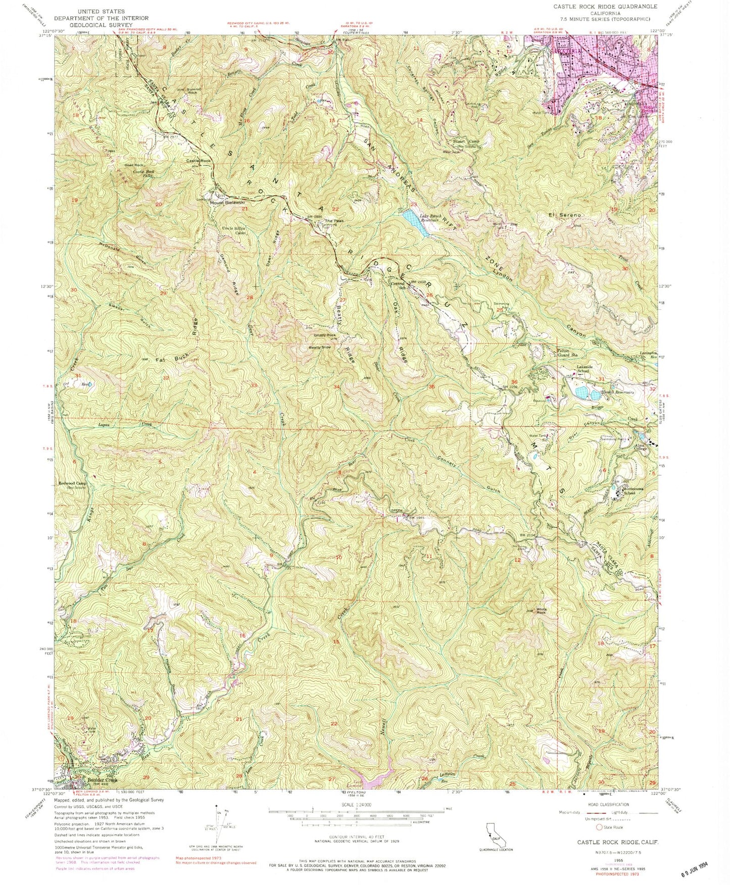 Classic USGS Castle Rock Ridge California 7.5'x7.5' Topo Map Image
