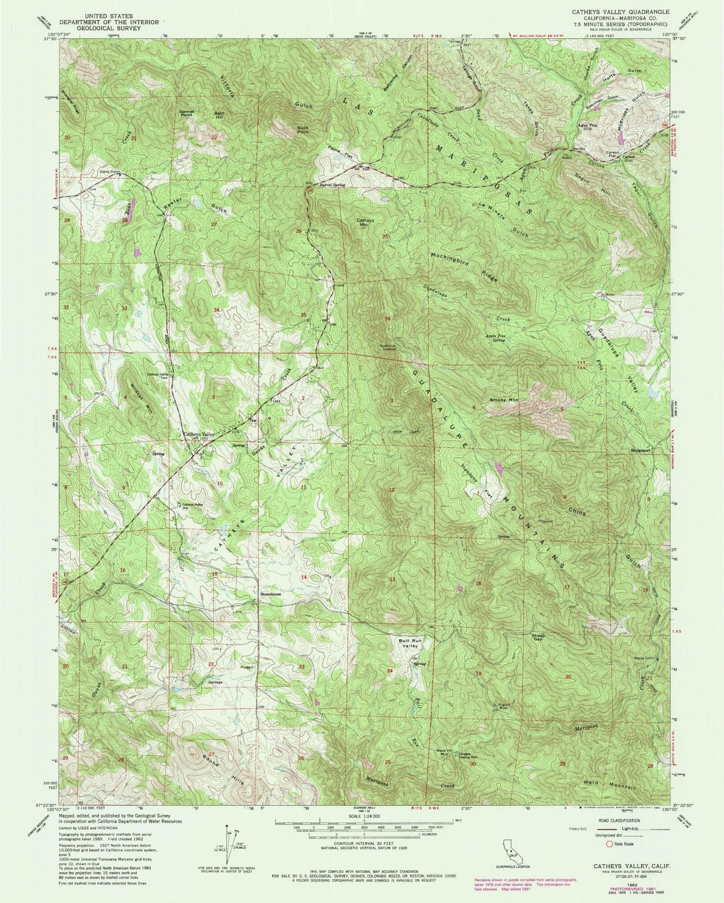 Classic USGS Catheys Valley California 7.5'x7.5' Topo Map Image