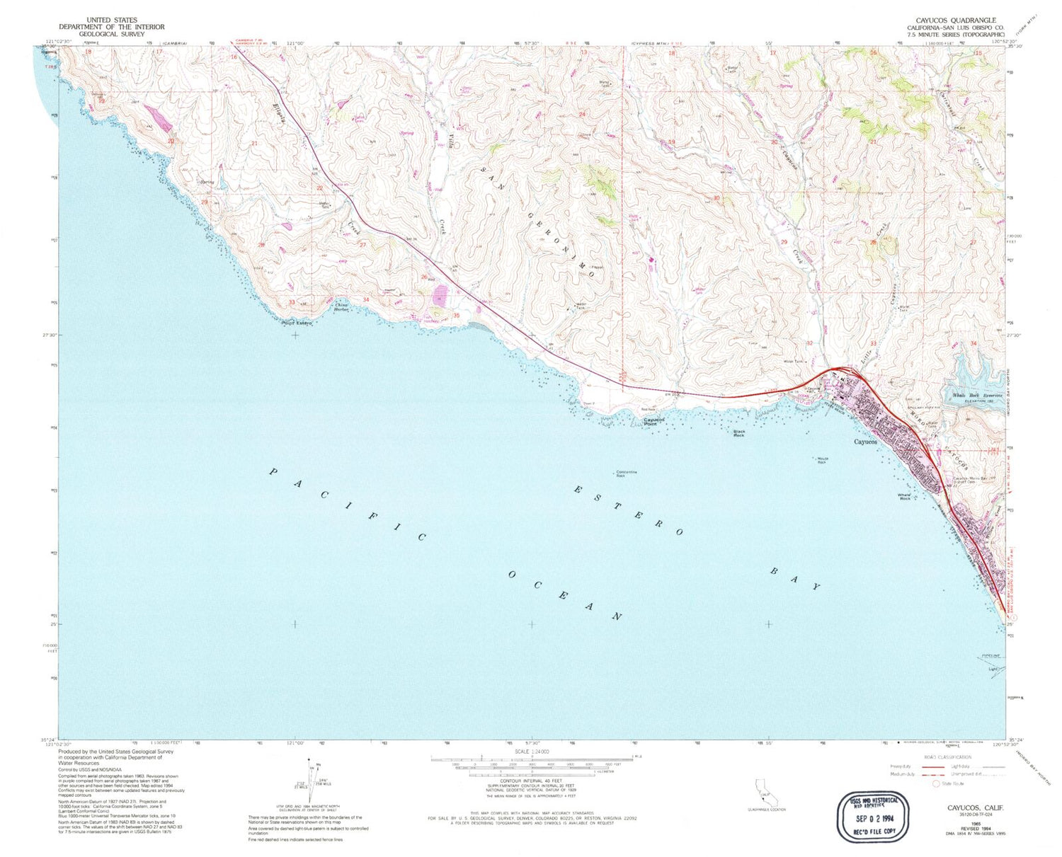 Classic USGS Cayucos California 7.5'x7.5' Topo Map Image