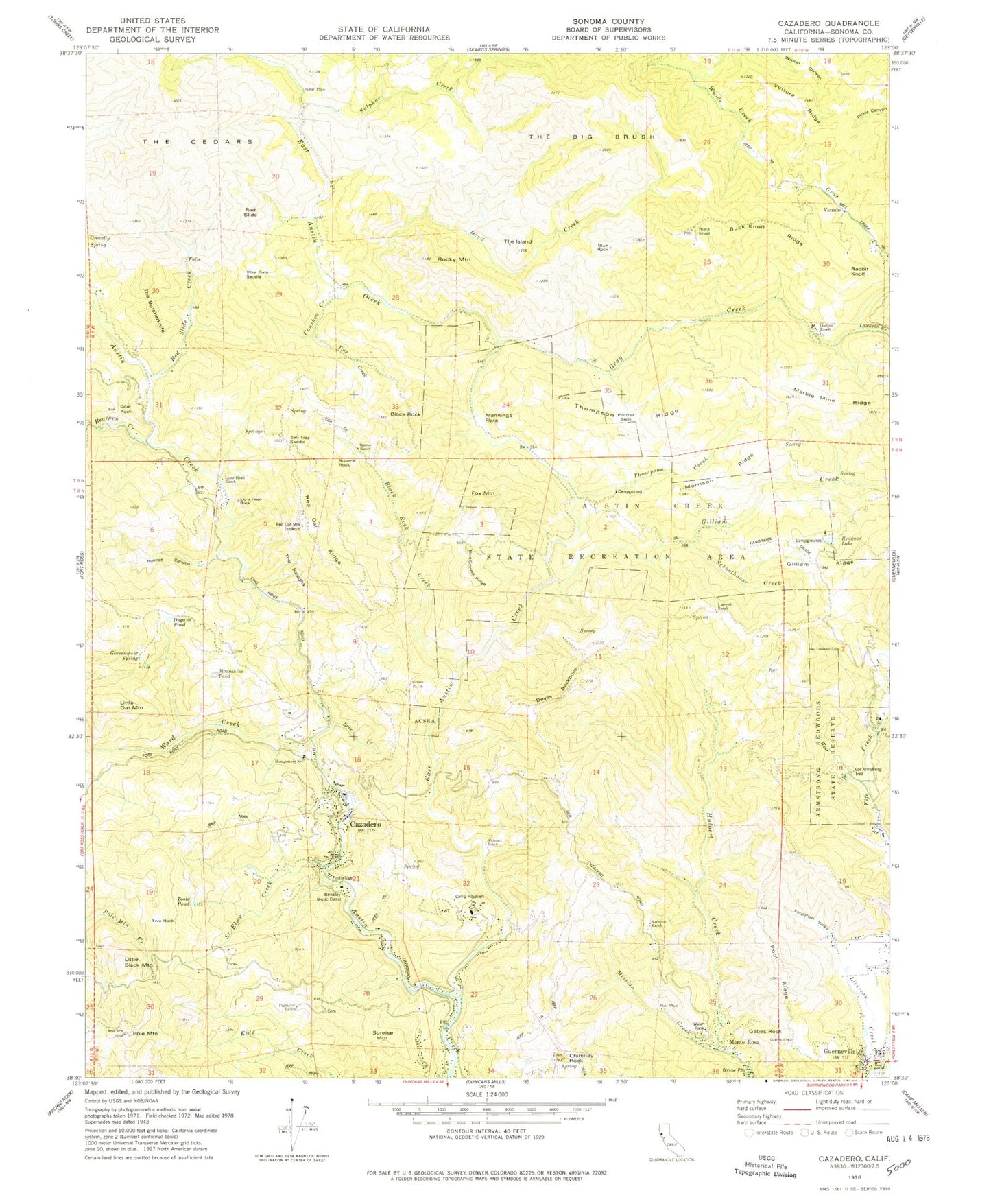 Classic USGS Cazadero California 7.5'x7.5' Topo Map Image