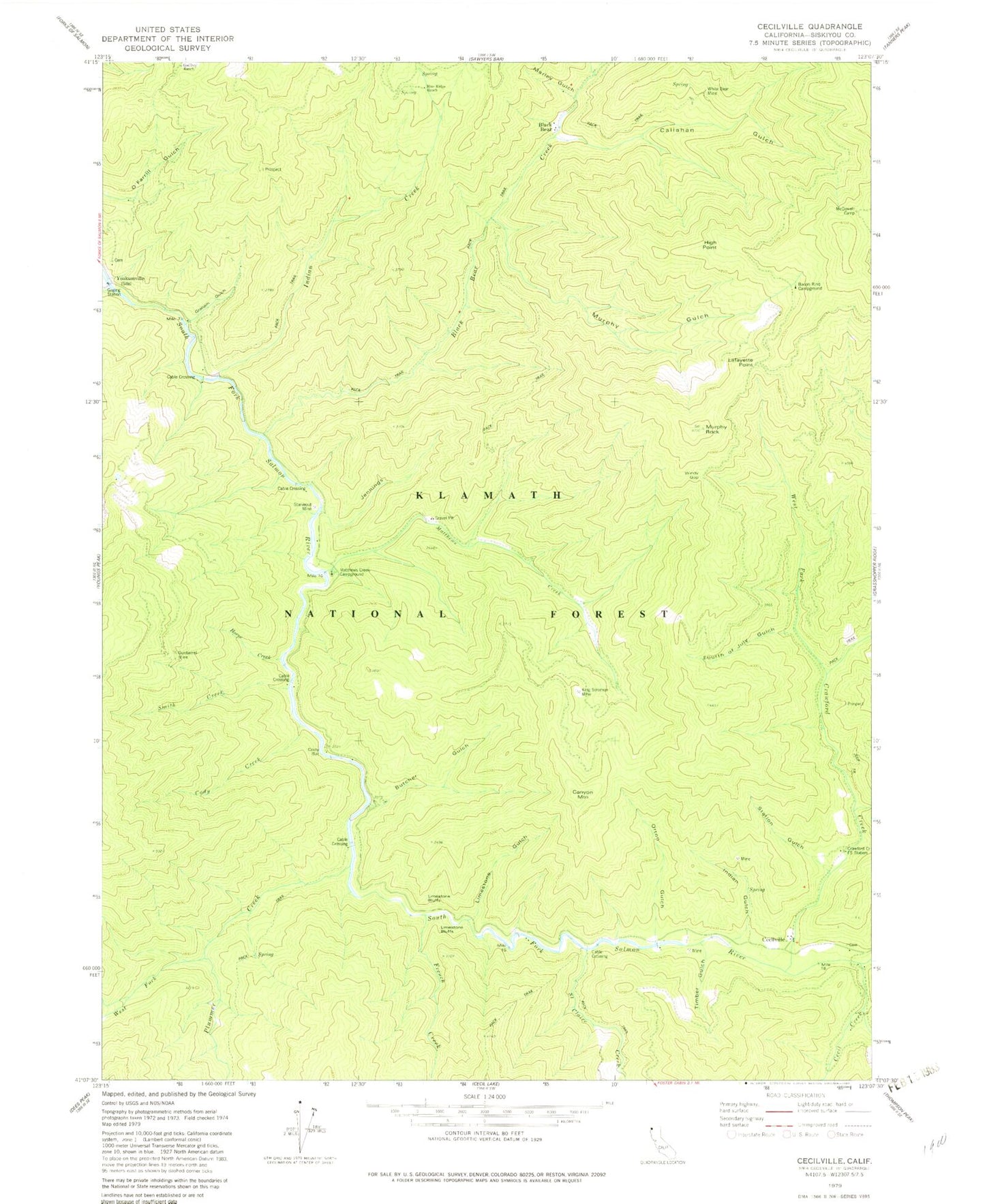 Classic USGS Cecilville California 7.5'x7.5' Topo Map Image