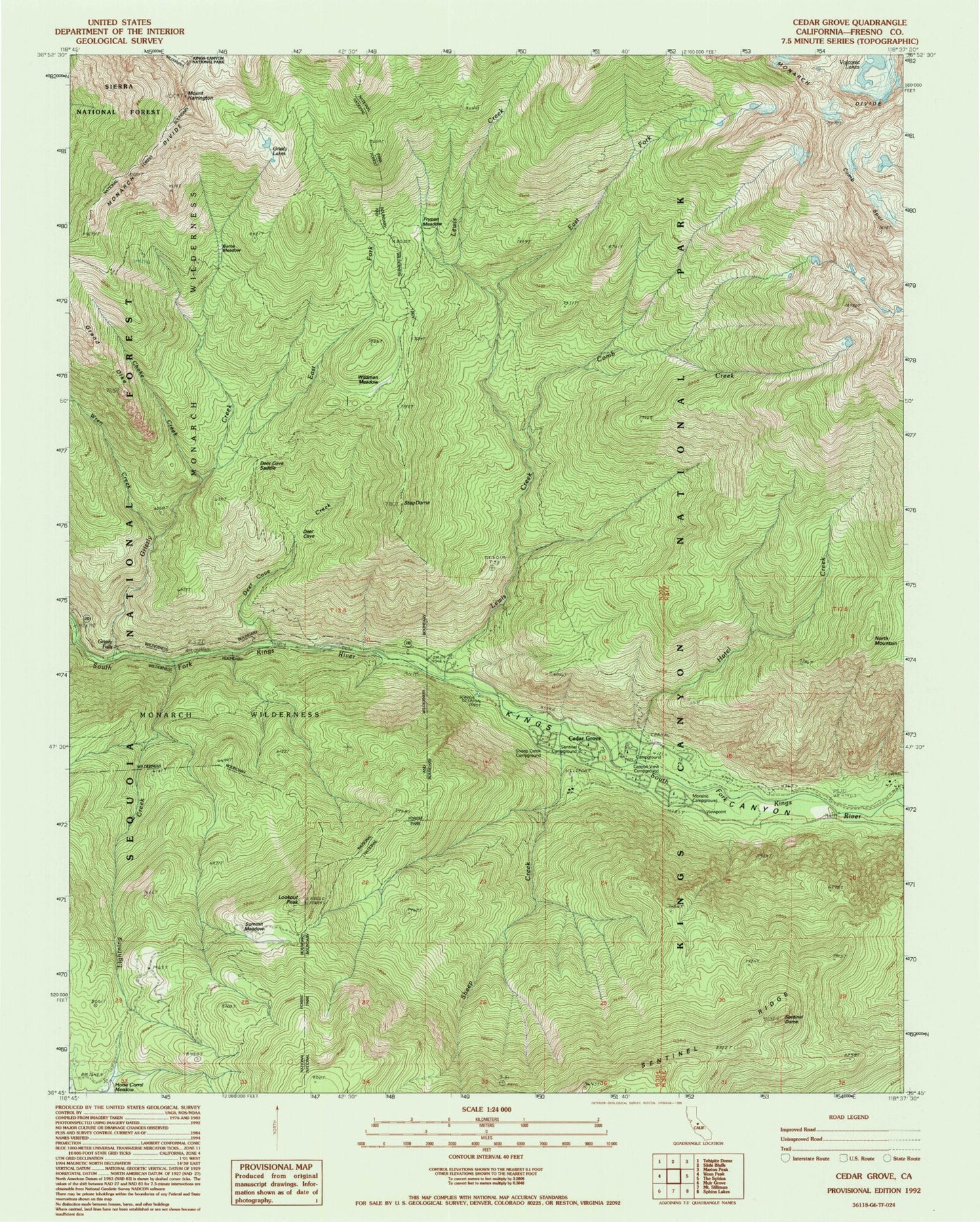 Classic USGS Cedar Grove California 7.5'x7.5' Topo Map Image