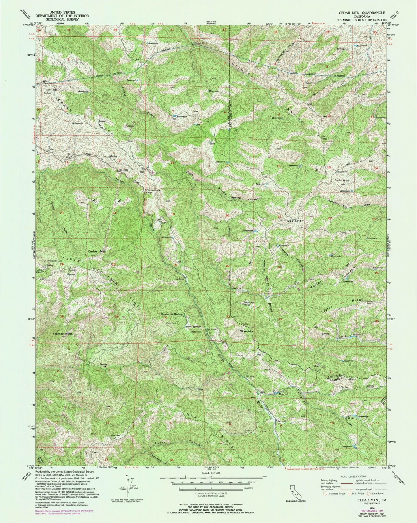 Classic USGS Cedar Mountain California 7.5'x7.5' Topo Map Image