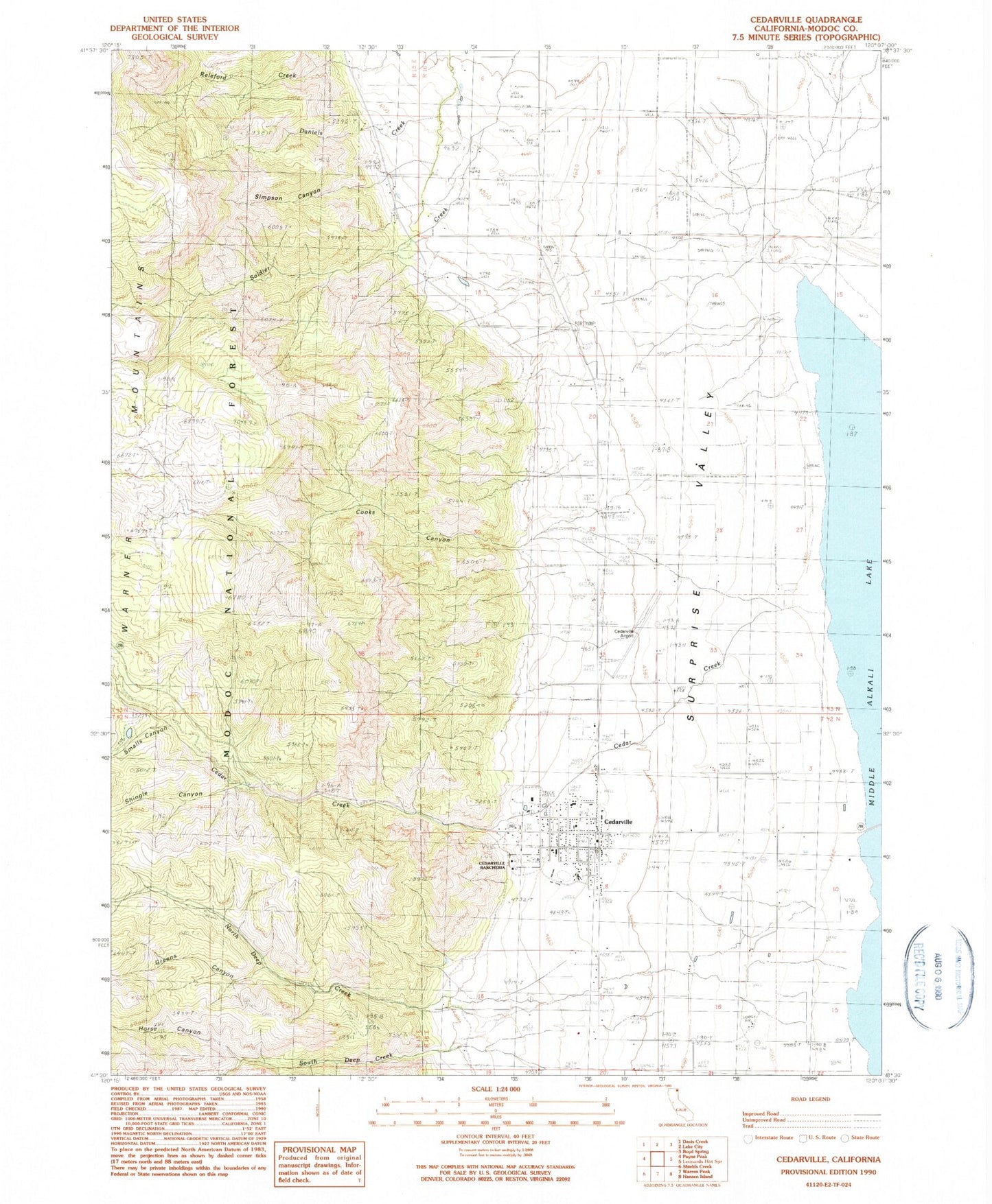 Classic USGS Cedarville California 7.5'x7.5' Topo Map Image