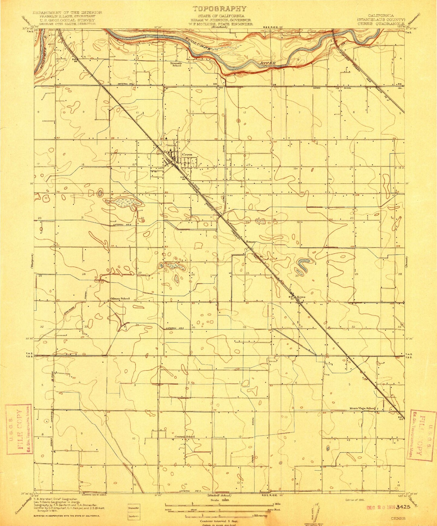 Classic USGS Ceres California 7.5'x7.5' Topo Map Image