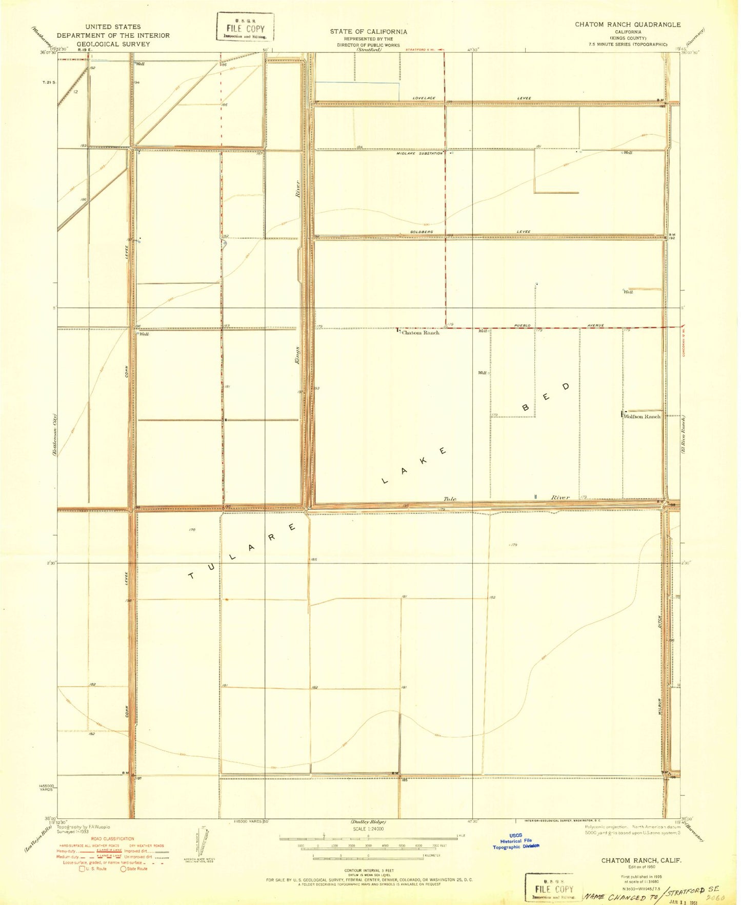 Classic USGS Stratford SE California 7.5'x7.5' Topo Map Image
