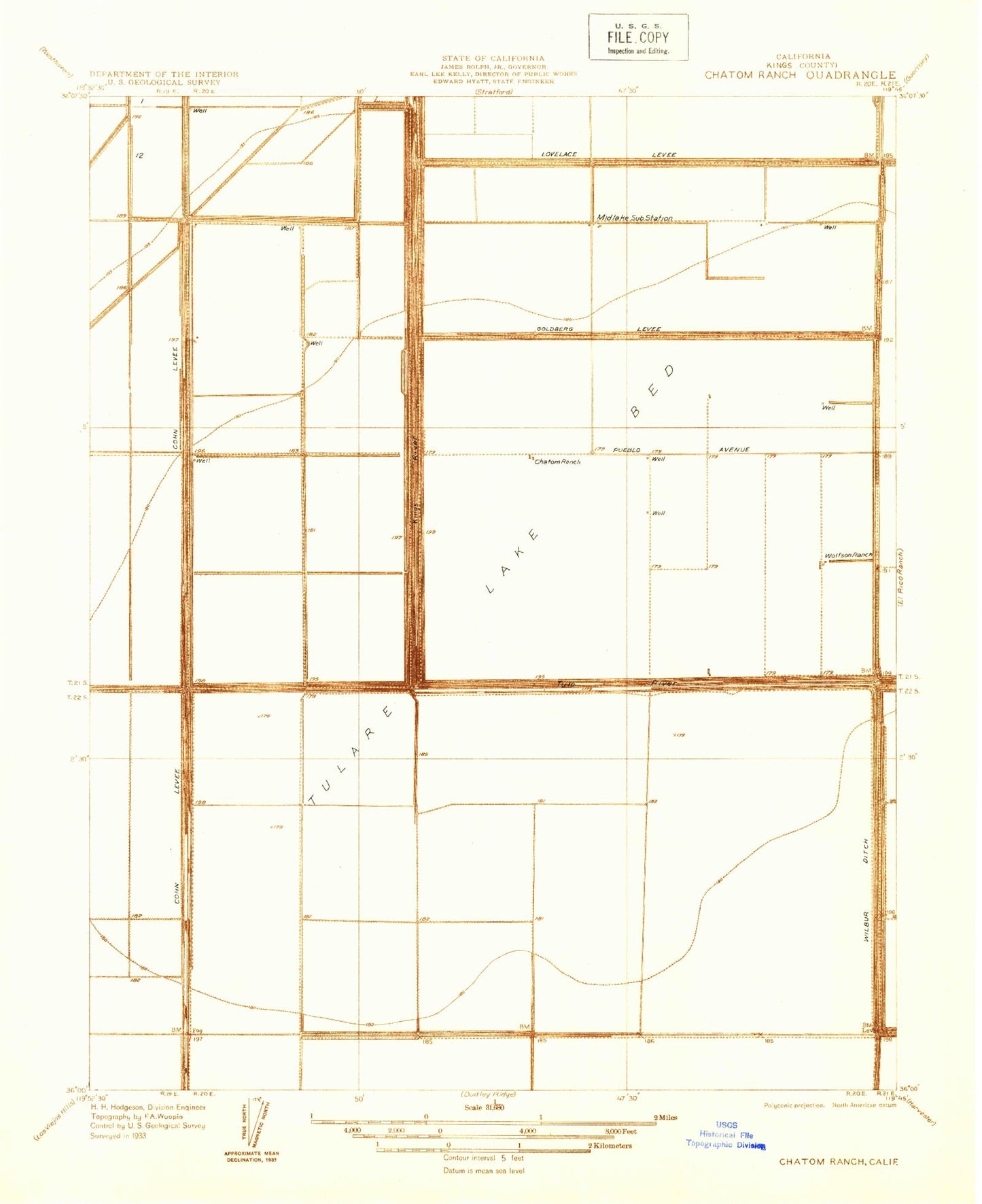 Classic USGS Stratford SE California 7.5'x7.5' Topo Map Image