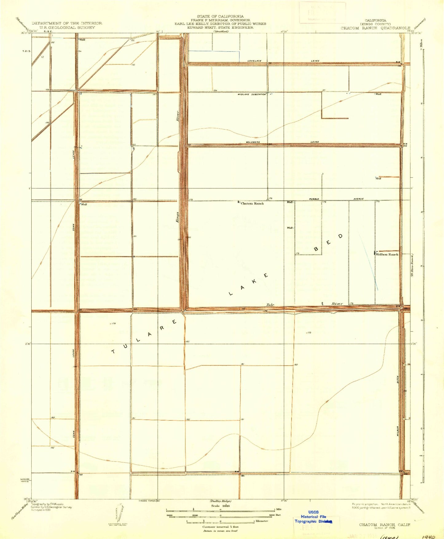 Classic USGS Stratford SE California 7.5'x7.5' Topo Map Image