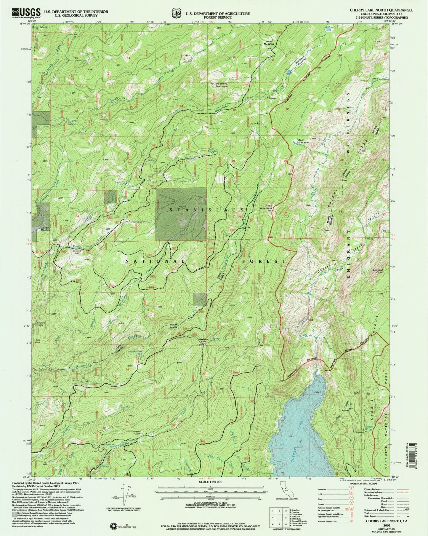 Classic USGS Cherry Lake North California 7.5'x7.5' Topo Map Image