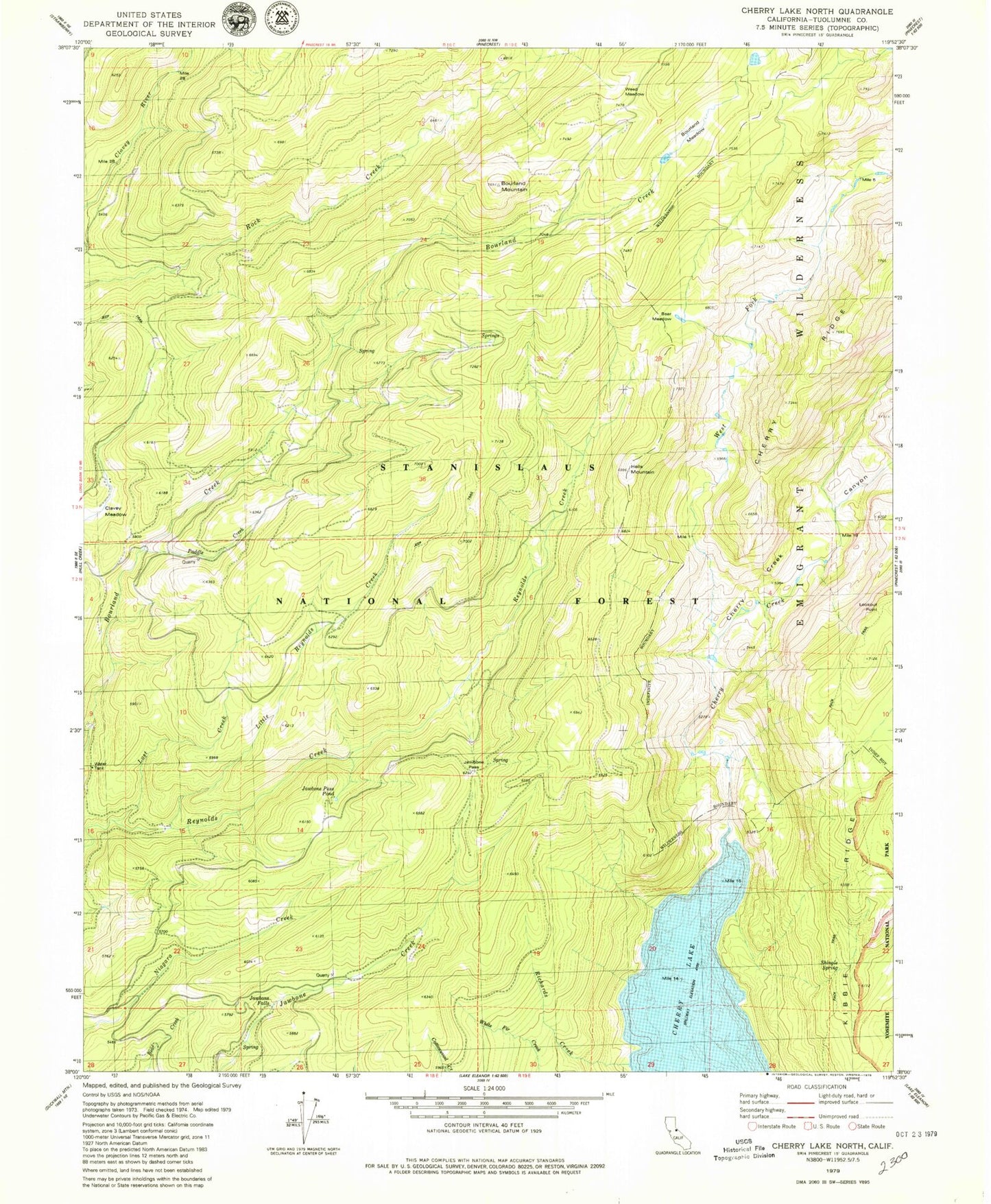 Classic USGS Cherry Lake North California 7.5'x7.5' Topo Map Image