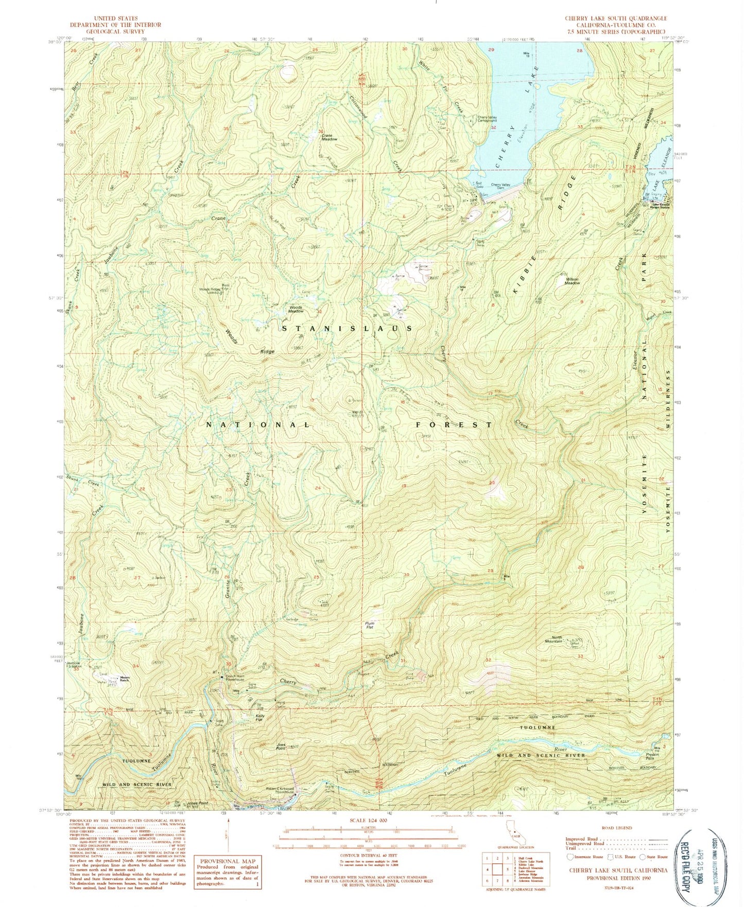 Classic USGS Cherry Lake South California 7.5'x7.5' Topo Map Image