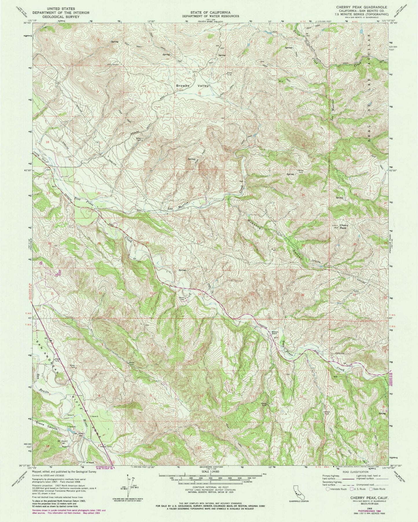 Classic USGS Cherry Peak California 7.5'x7.5' Topo Map Image