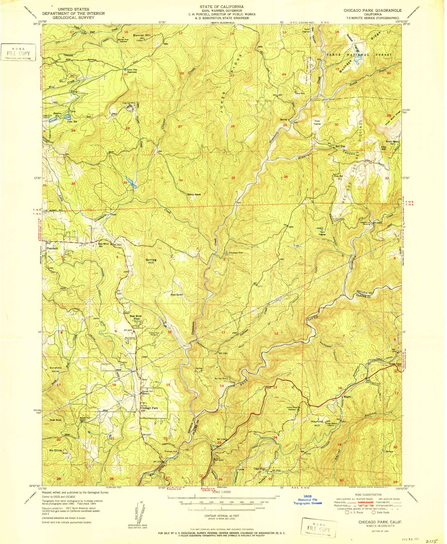 Classic USGS Chicago Park California 7.5'x7.5' Topo Map Image