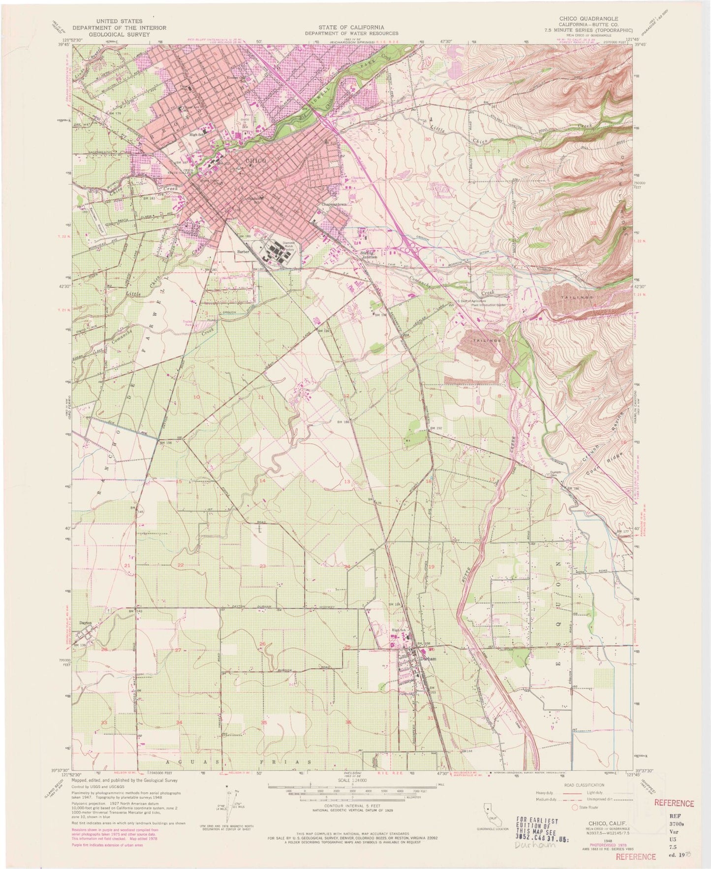 Classic USGS Chico California 7.5'x7.5' Topo Map Image