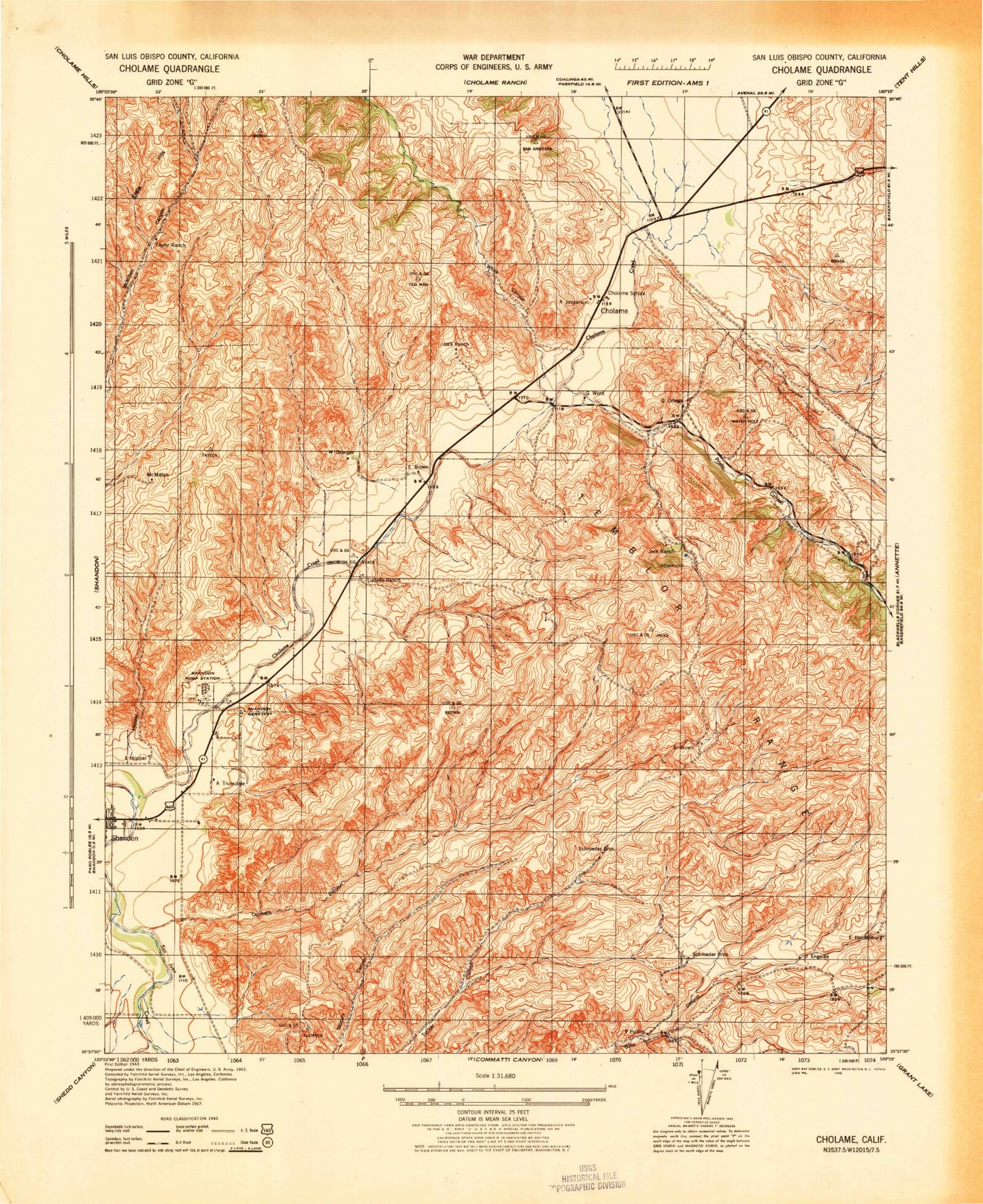 Classic USGS Cholame California 7.5'x7.5' Topo Map Image