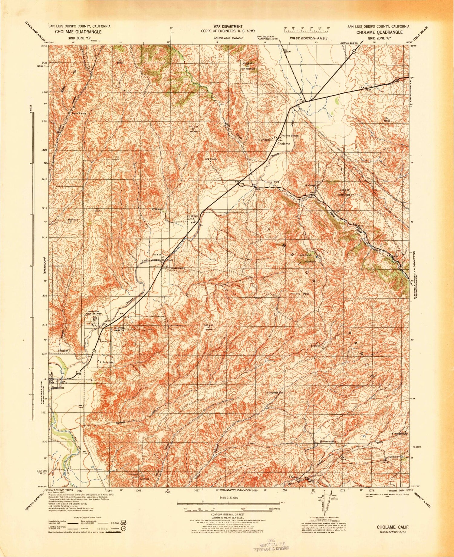 Classic USGS Cholame California 7.5'x7.5' Topo Map Image