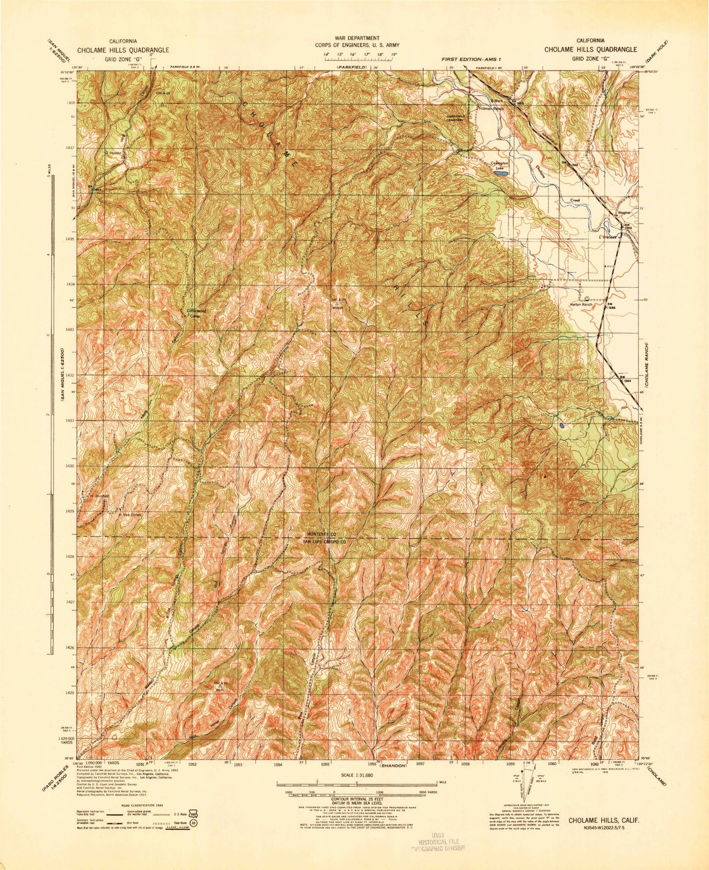 Classic USGS Cholame Hills California 7.5'x7.5' Topo Map Image