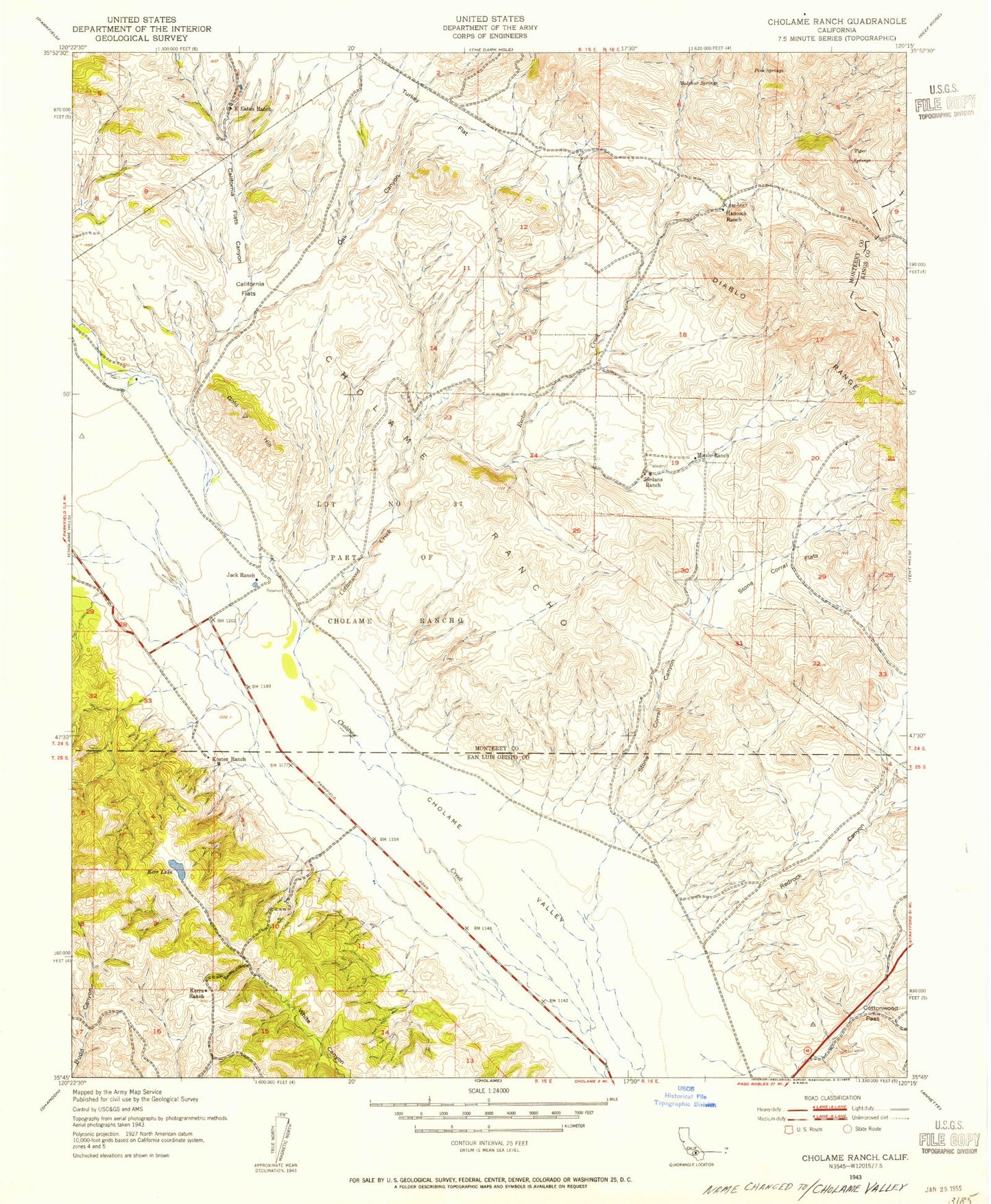 Classic USGS Cholame Valley California 7.5'x7.5' Topo Map Image