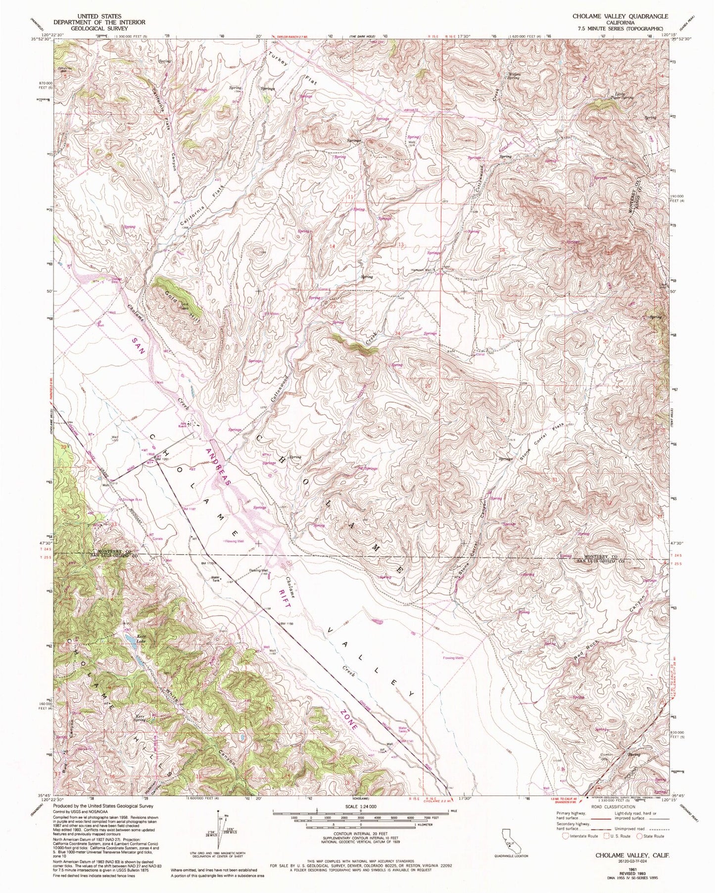 Classic USGS Cholame Valley California 7.5'x7.5' Topo Map Image