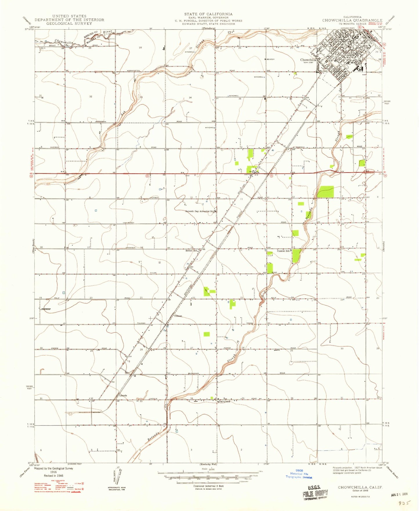 Classic USGS Chowchilla California 7.5'x7.5' Topo Map Image