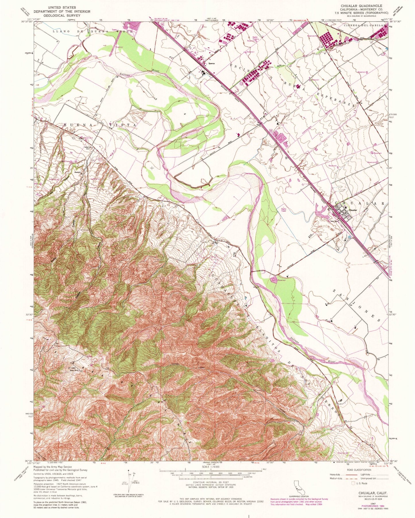 Classic USGS Chualar California 7.5'x7.5' Topo Map Image