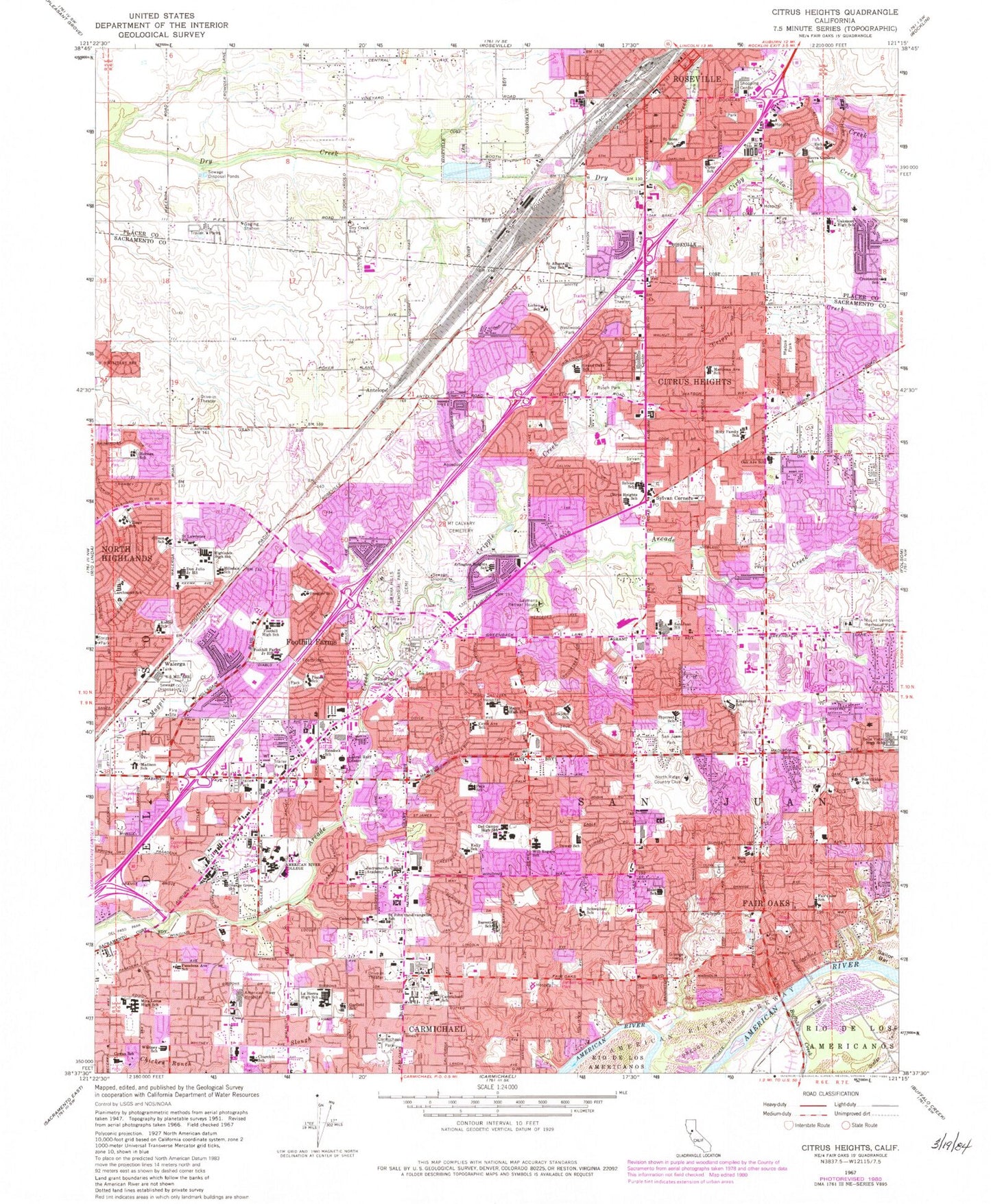 Classic USGS Citrus Heights California 7.5'x7.5' Topo Map Image