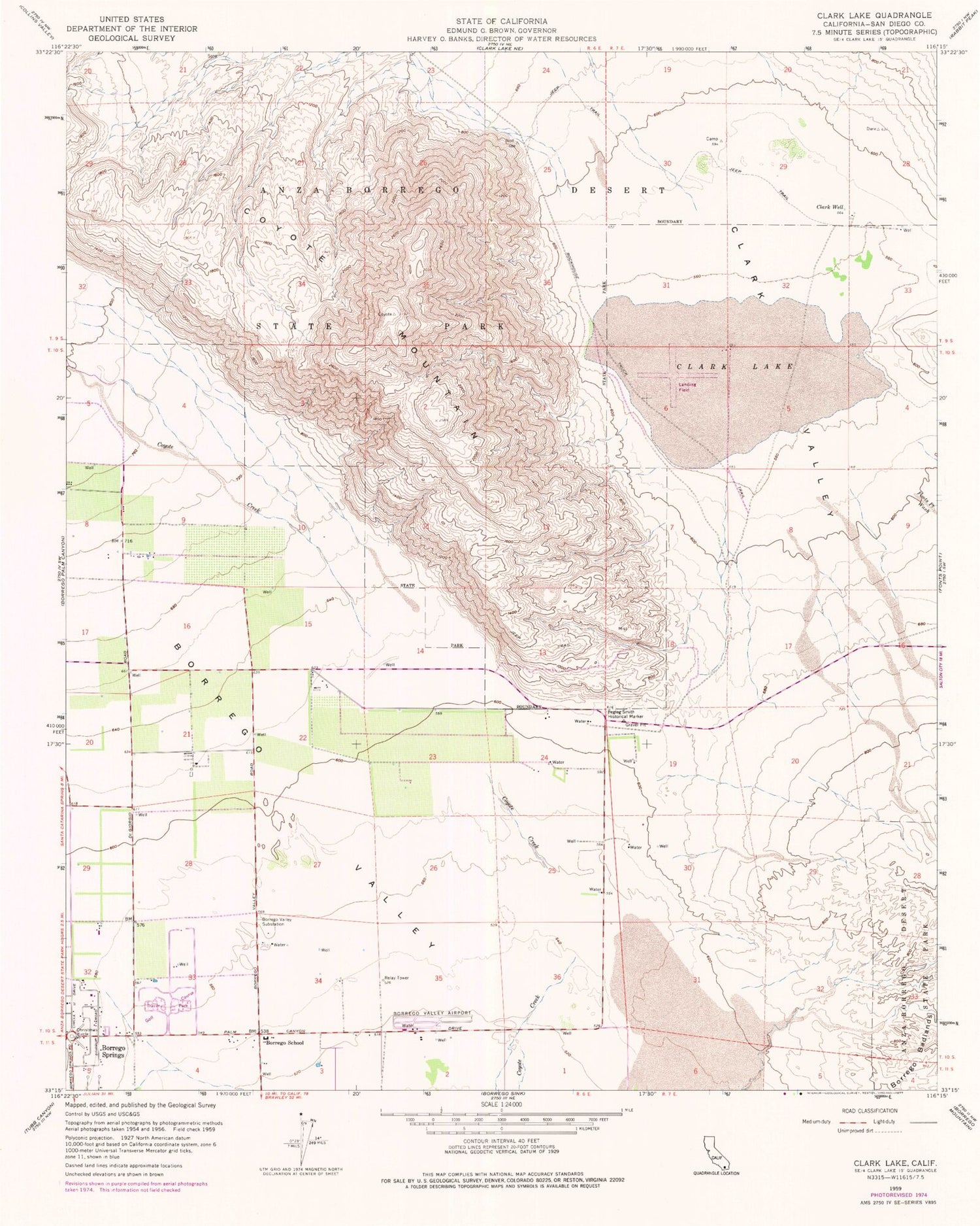 Classic USGS Clark Lake California 7.5'x7.5' Topo Map Image