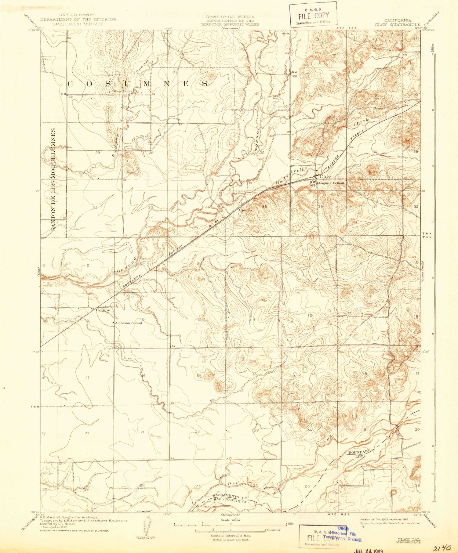 Classic USGS Clay California 7.5'x7.5' Topo Map Image
