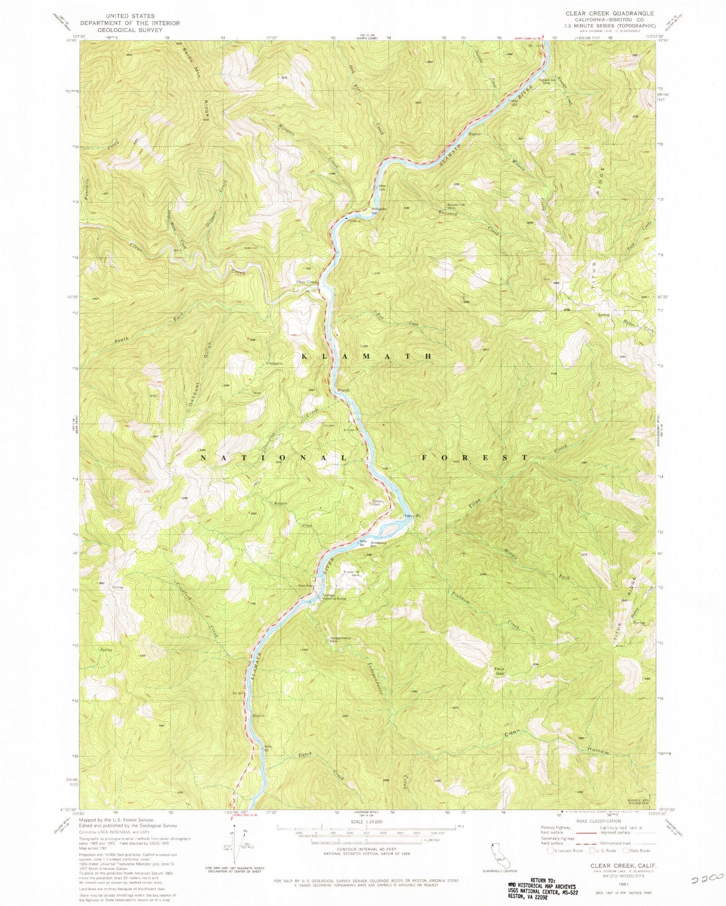 Classic USGS Clear Creek California 7.5'x7.5' Topo Map Image