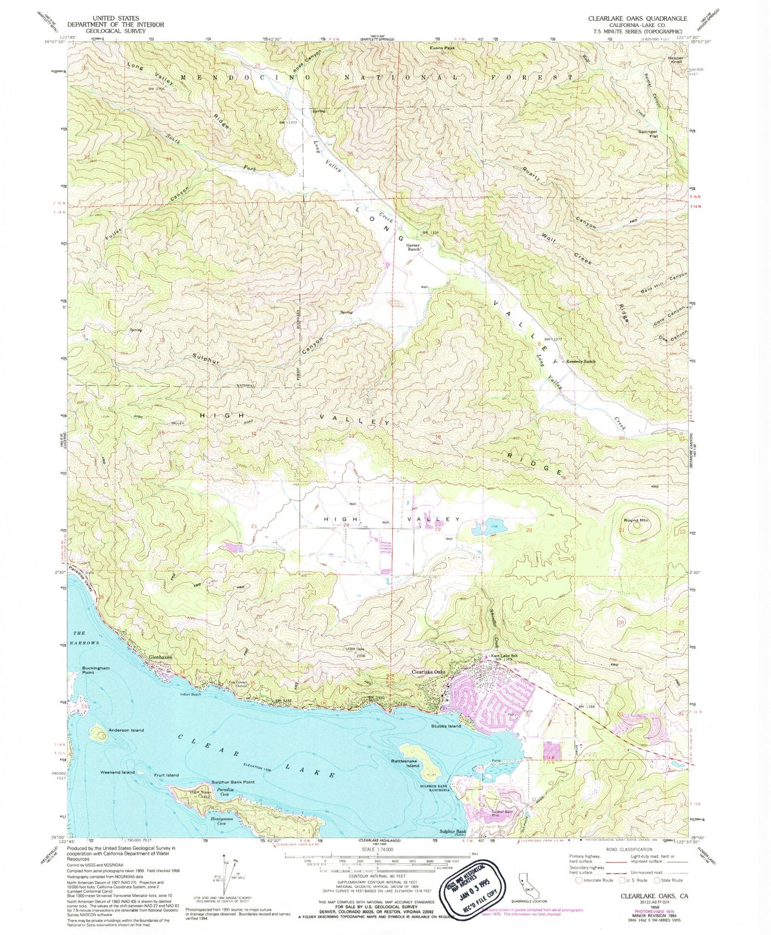 Classic USGS Clearlake Oaks California 7.5'x7.5' Topo Map Image