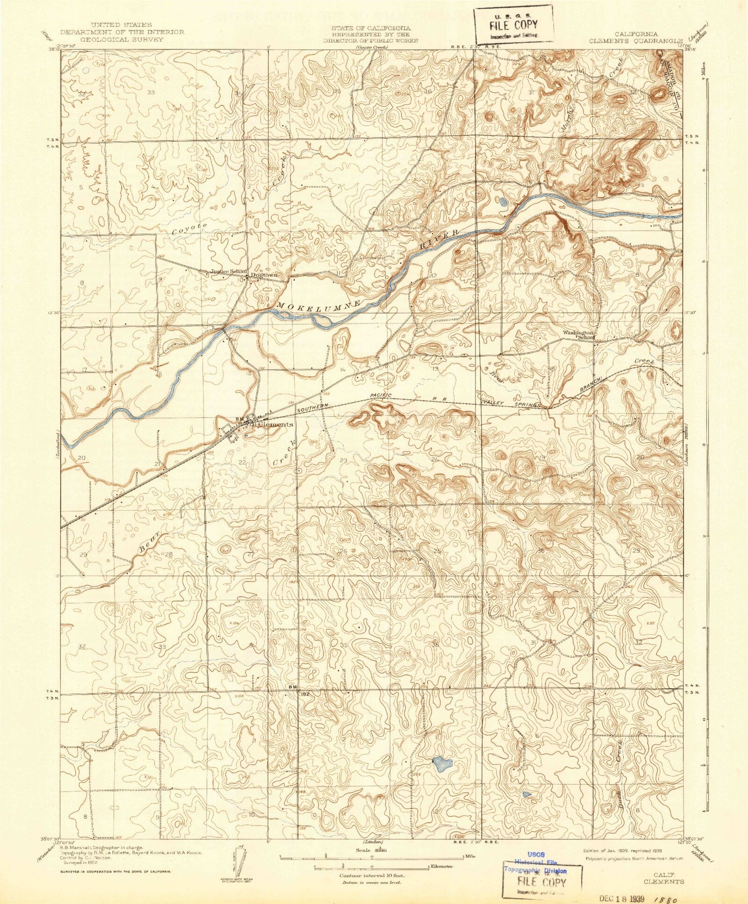Classic USGS Clements California 7.5'x7.5' Topo Map Image