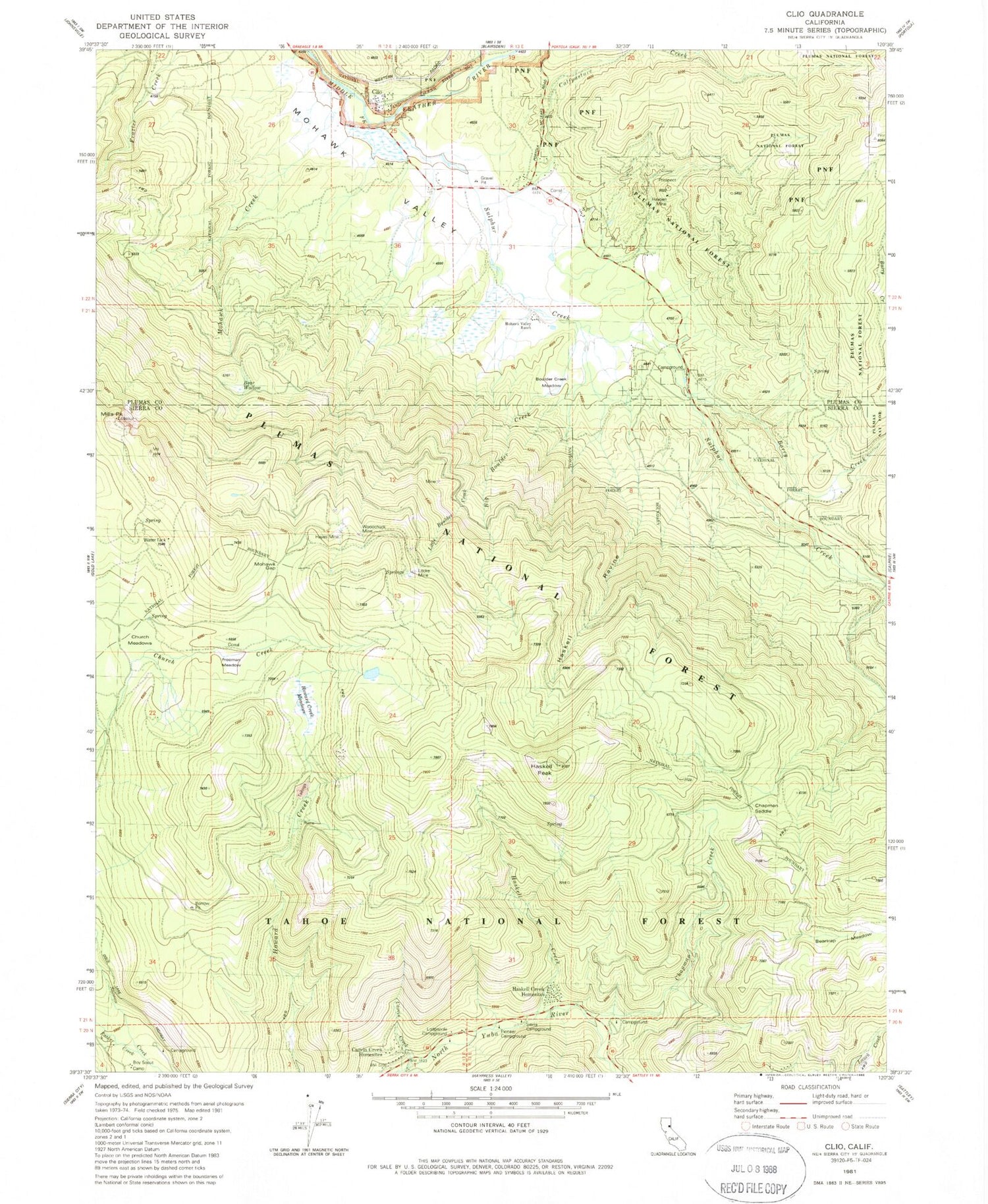 Classic USGS Clio California 7.5'x7.5' Topo Map Image