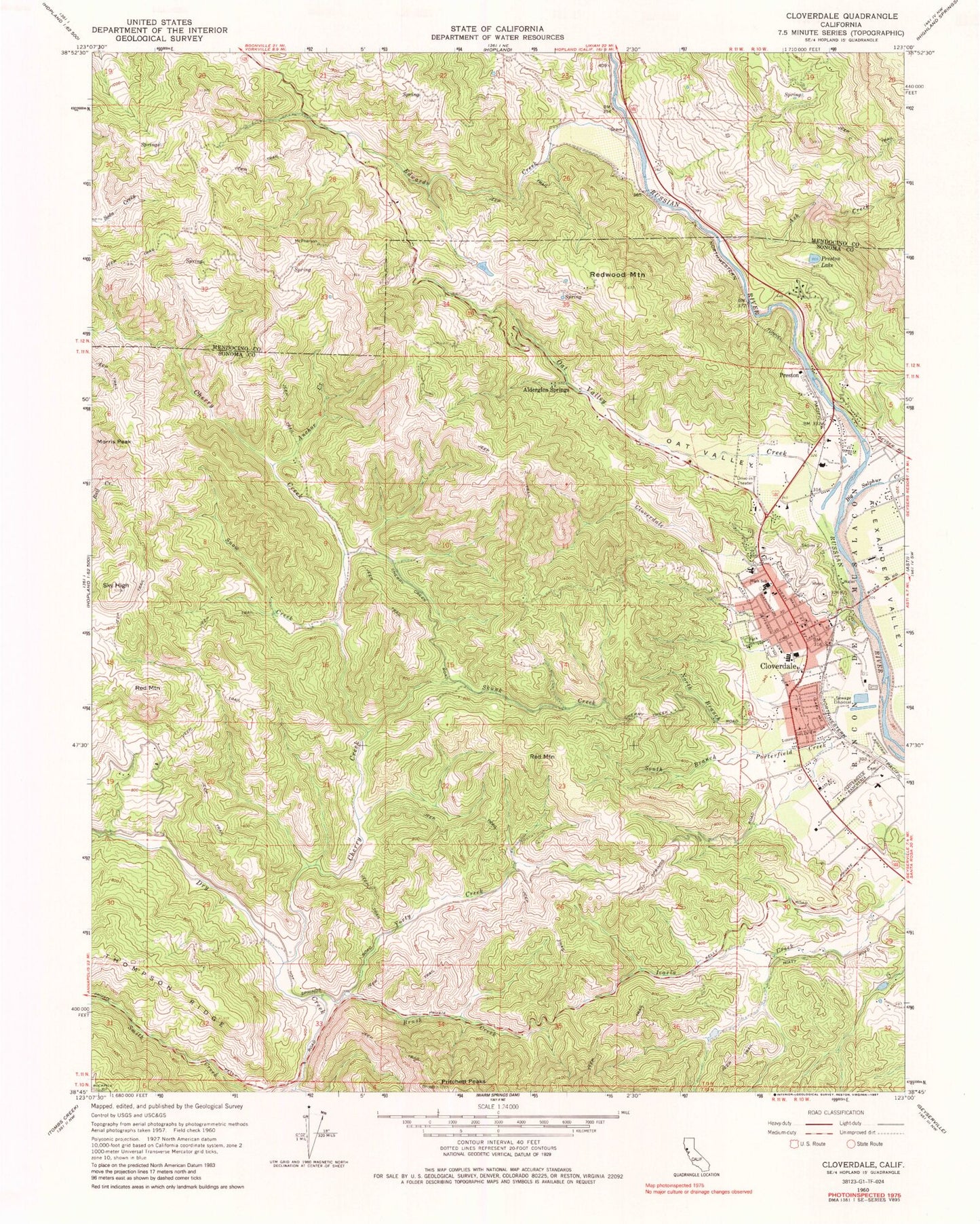 Classic USGS Cloverdale California 7.5'x7.5' Topo Map Image
