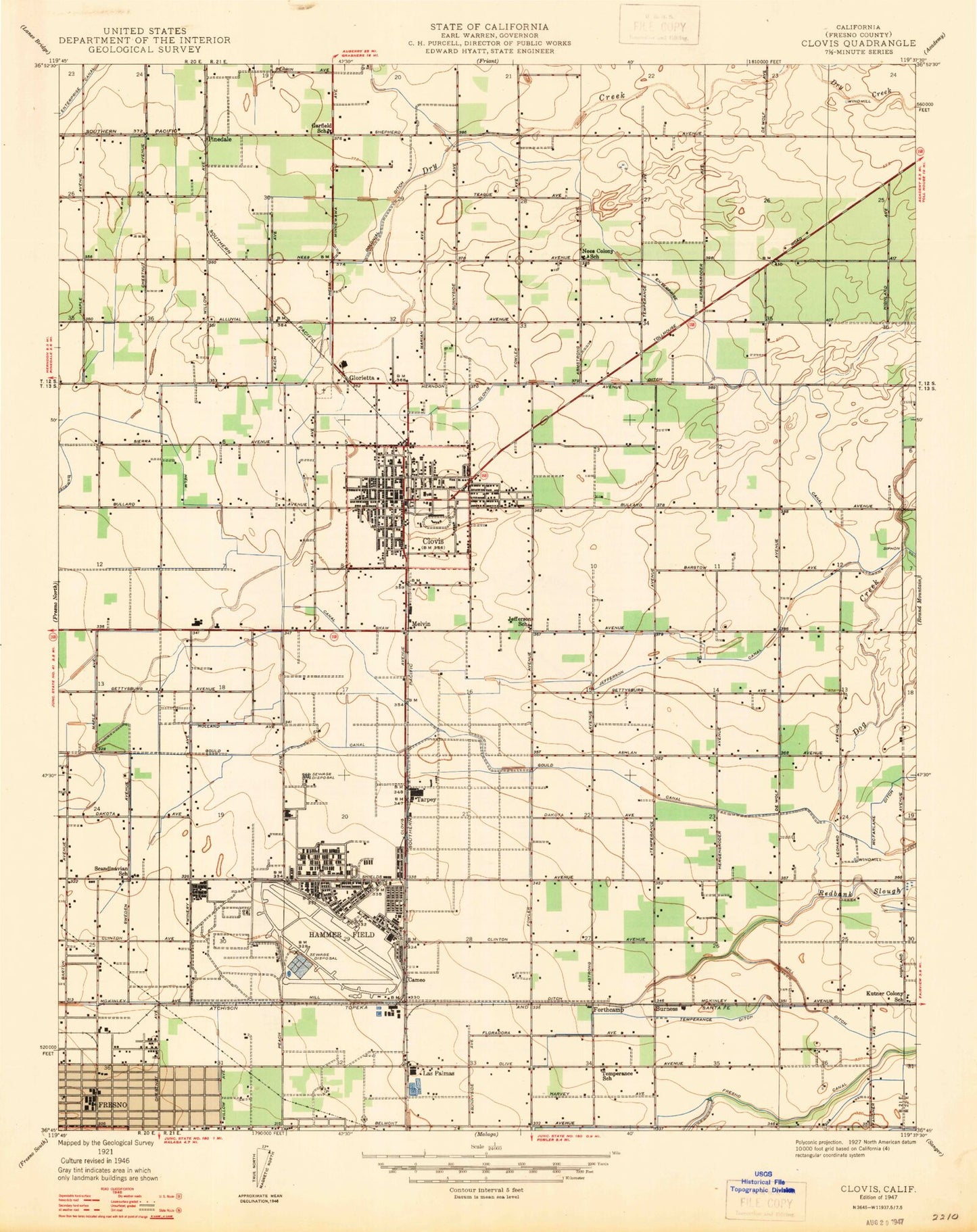 Classic USGS Clovis California 7.5'x7.5' Topo Map Image