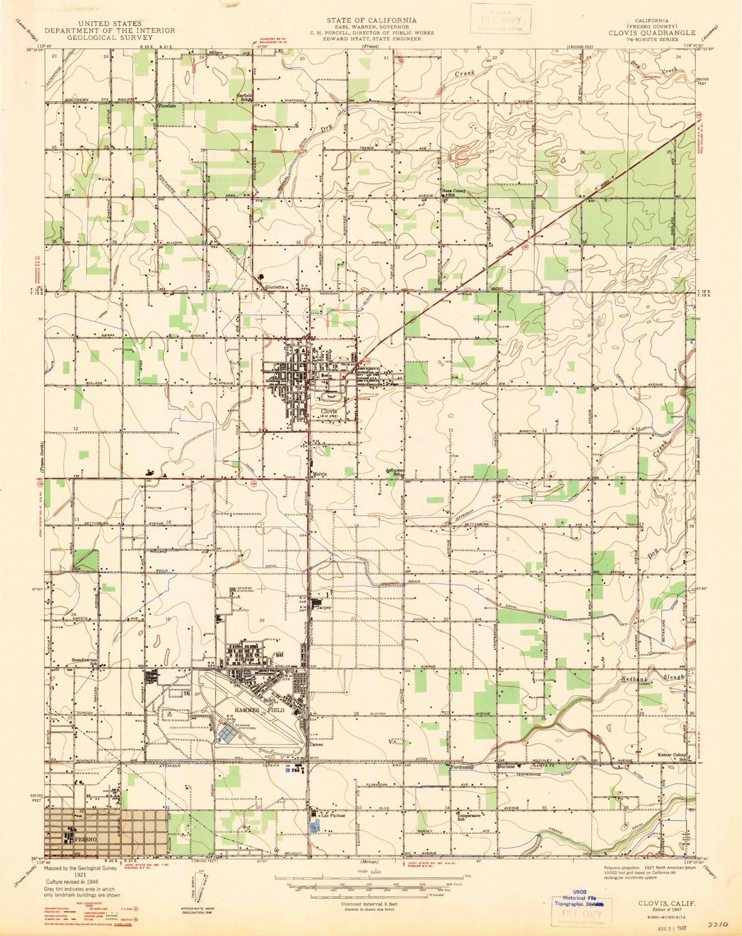 Classic USGS Clovis California 7.5'x7.5' Topo Map Image