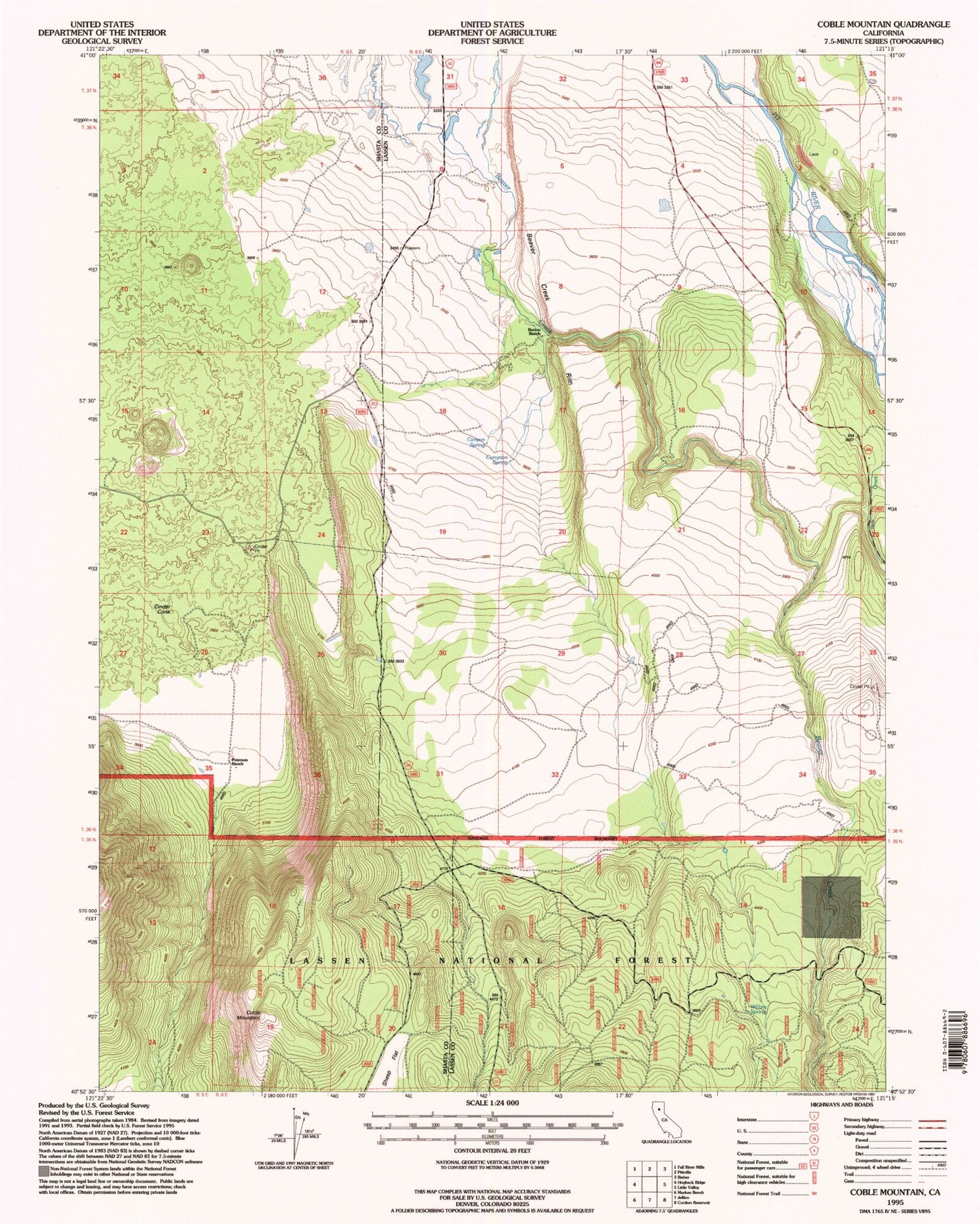 Classic USGS Coble Mountain California 7.5'x7.5' Topo Map Image