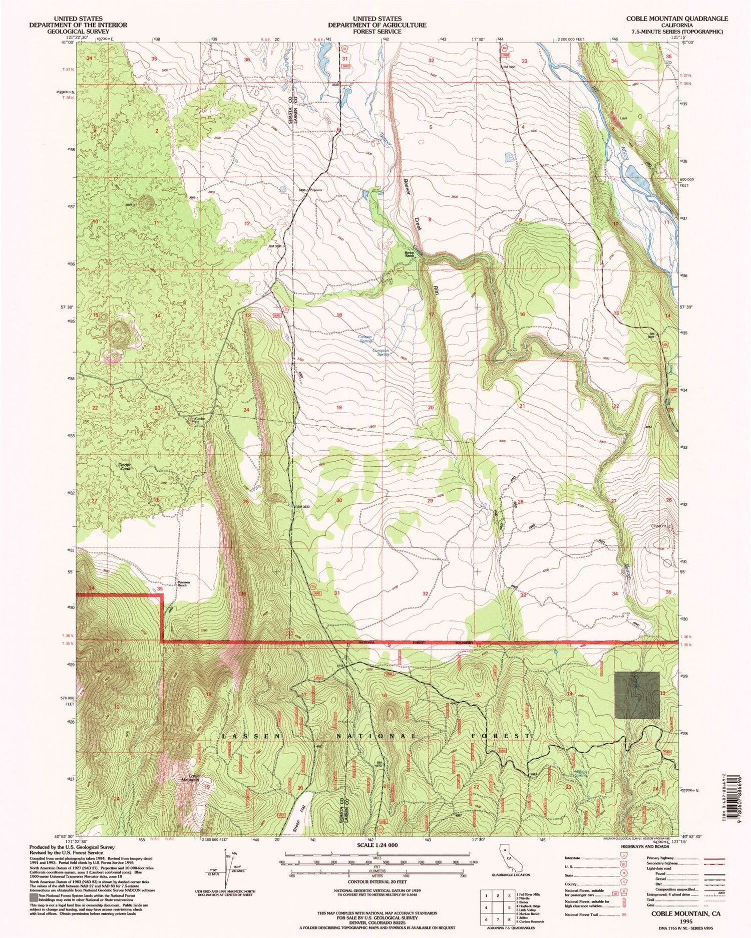 Classic USGS Coble Mountain California 7.5'x7.5' Topo Map Image