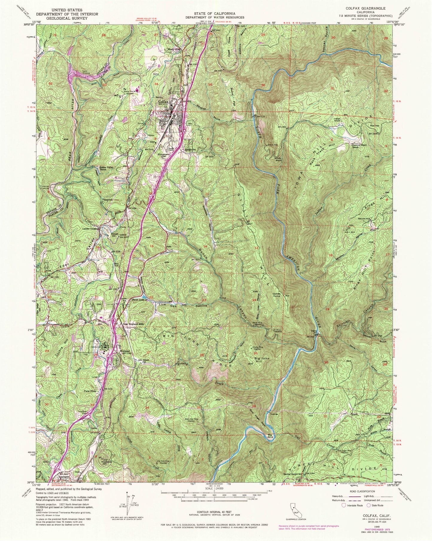 Classic USGS Colfax California 7.5'x7.5' Topo Map Image