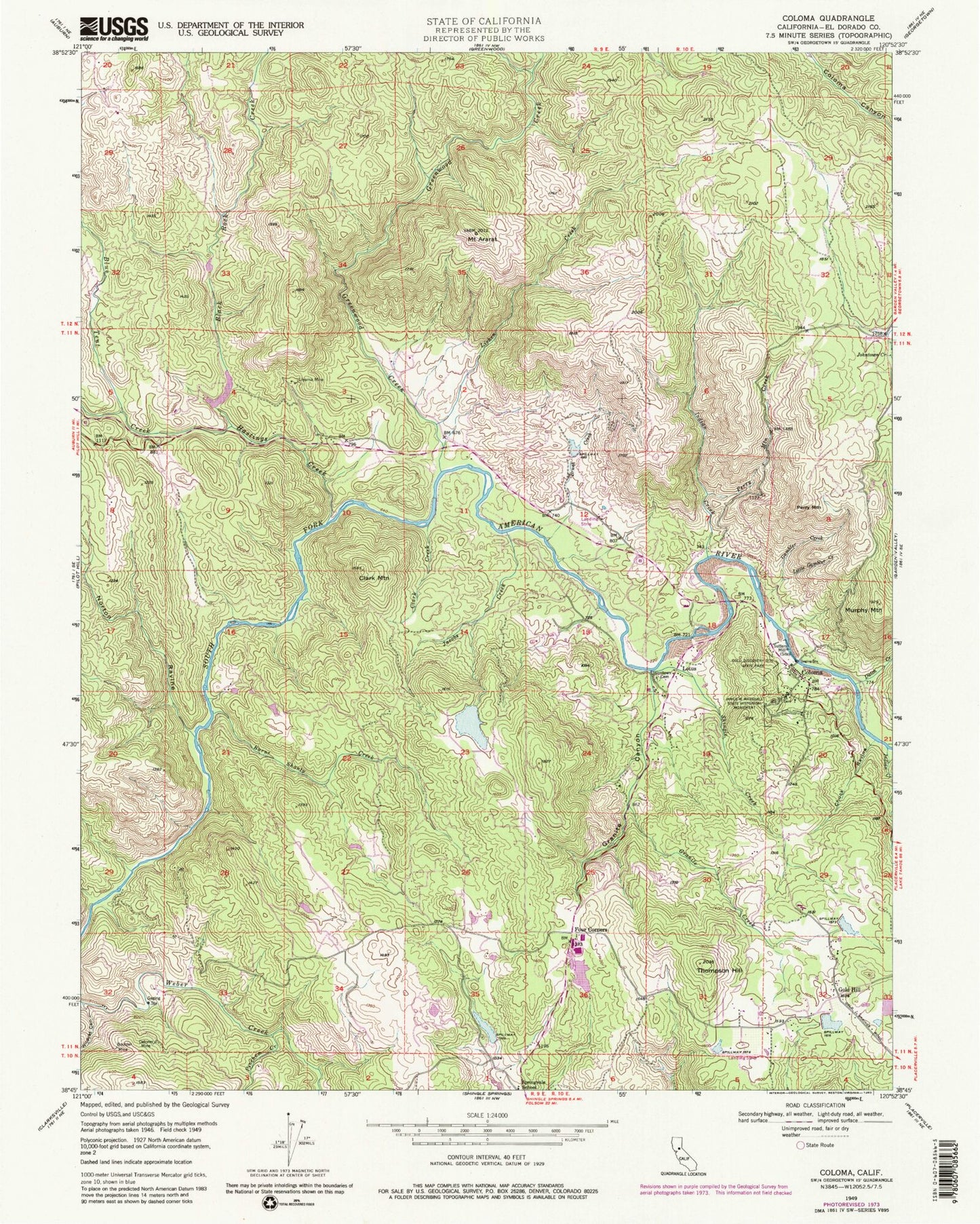 Classic USGS Coloma California 7.5'x7.5' Topo Map Image