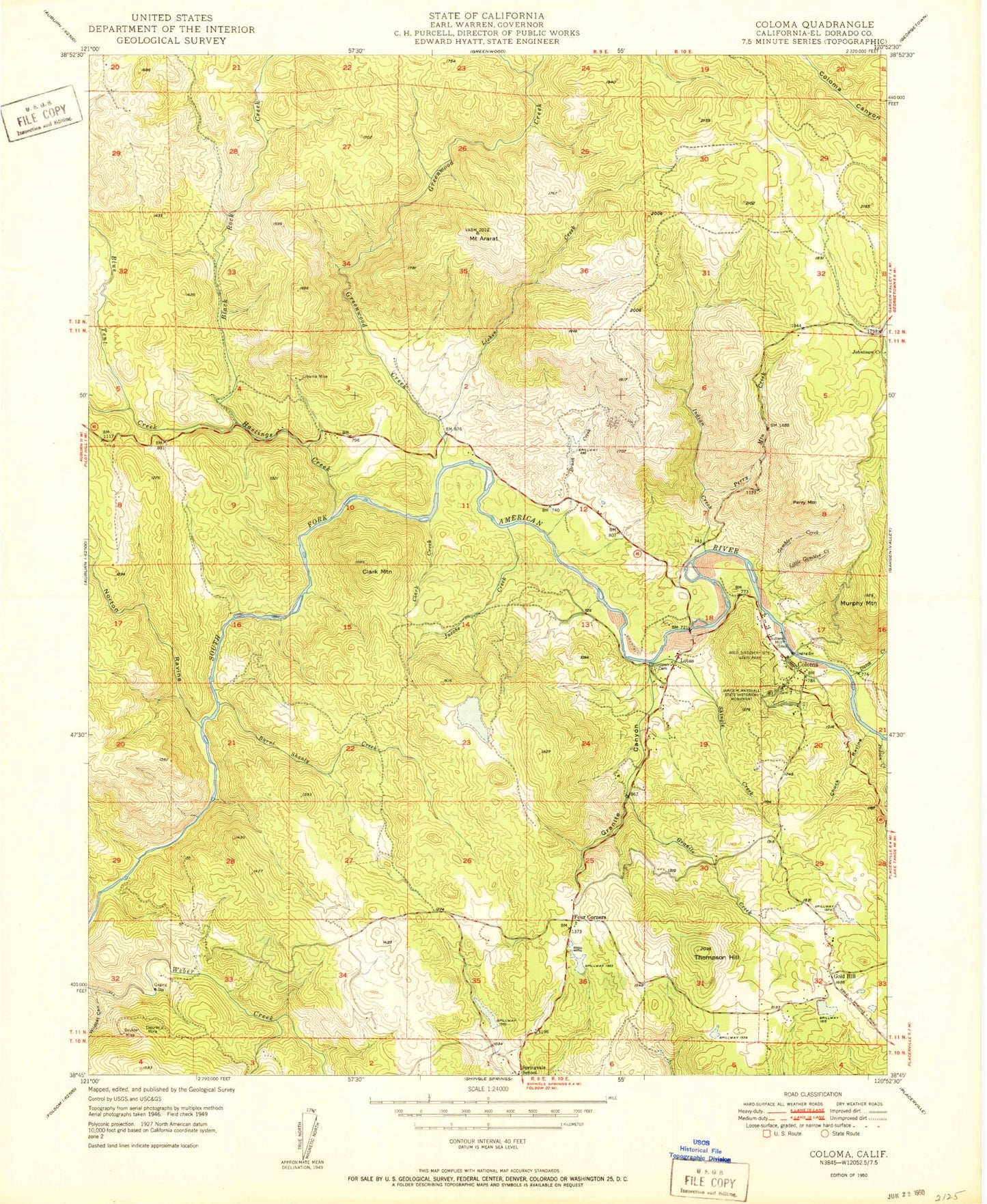 Classic USGS Coloma California 7.5'x7.5' Topo Map Image