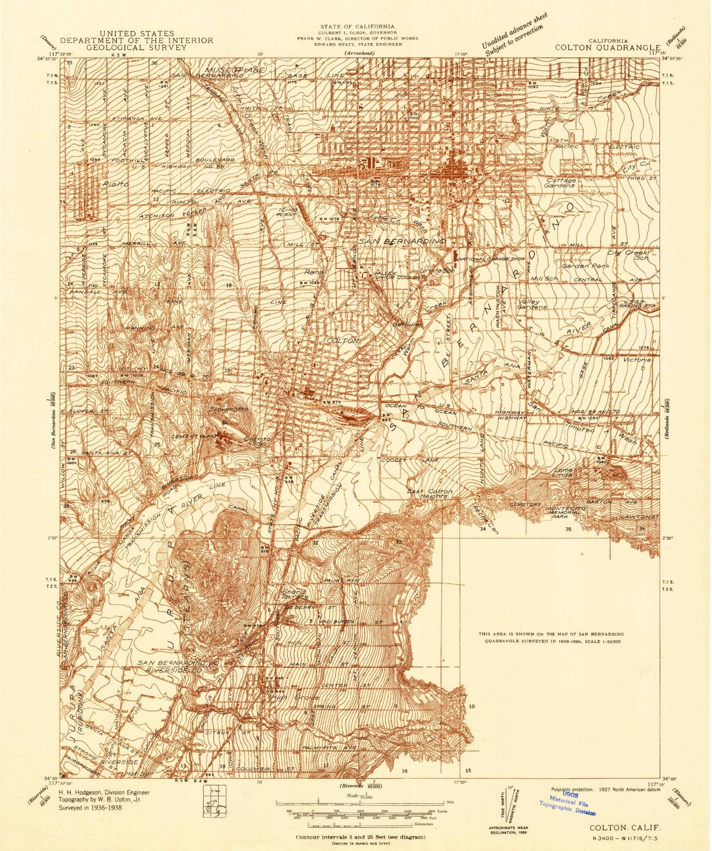 Classic USGS San Bernardino South California 7.5'x7.5' Topo Map Image