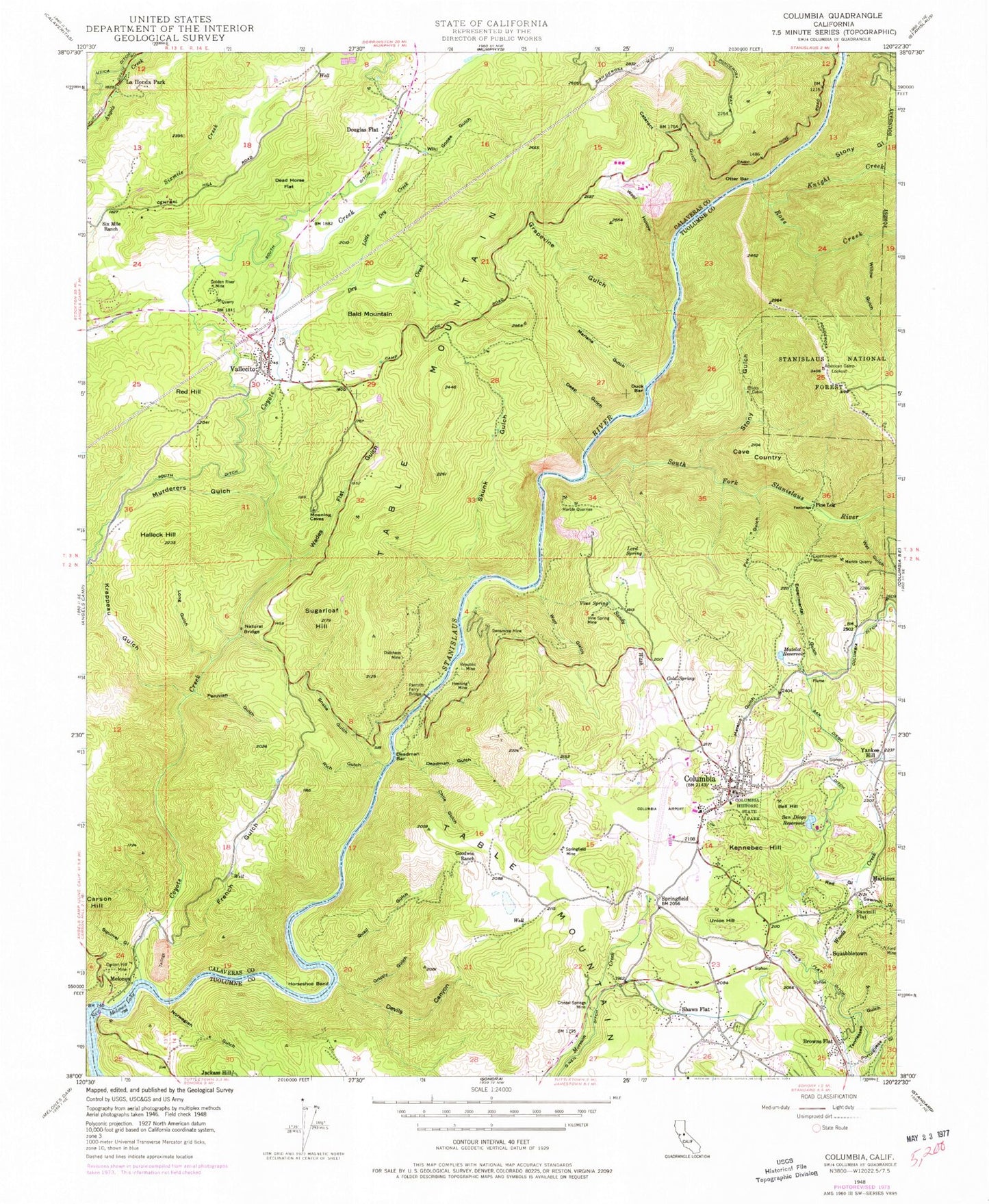 Classic USGS Columbia California 7.5'x7.5' Topo Map Image