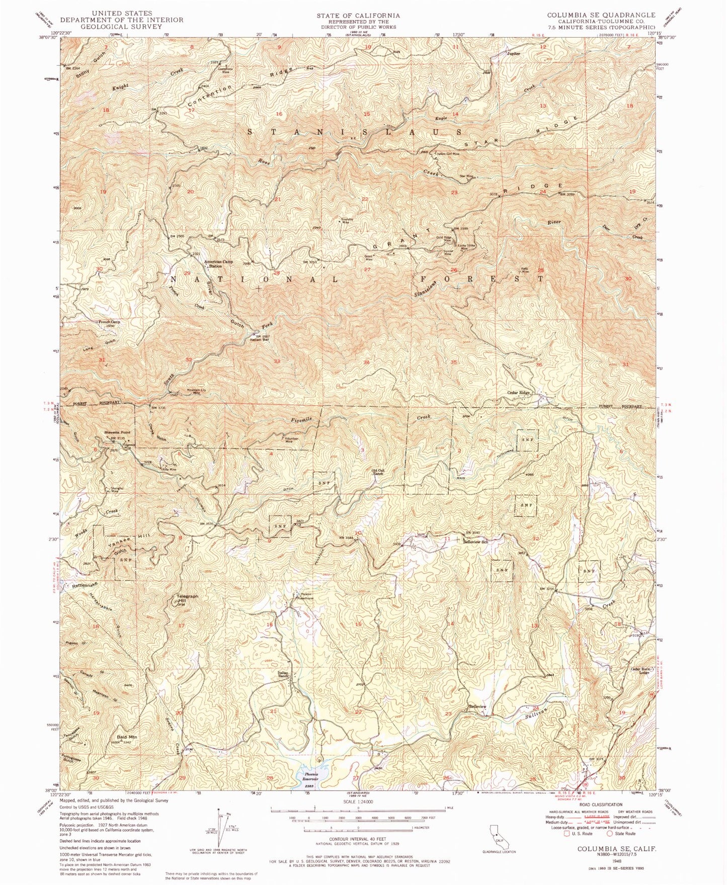 Classic USGS Columbia SE California 7.5'x7.5' Topo Map Image